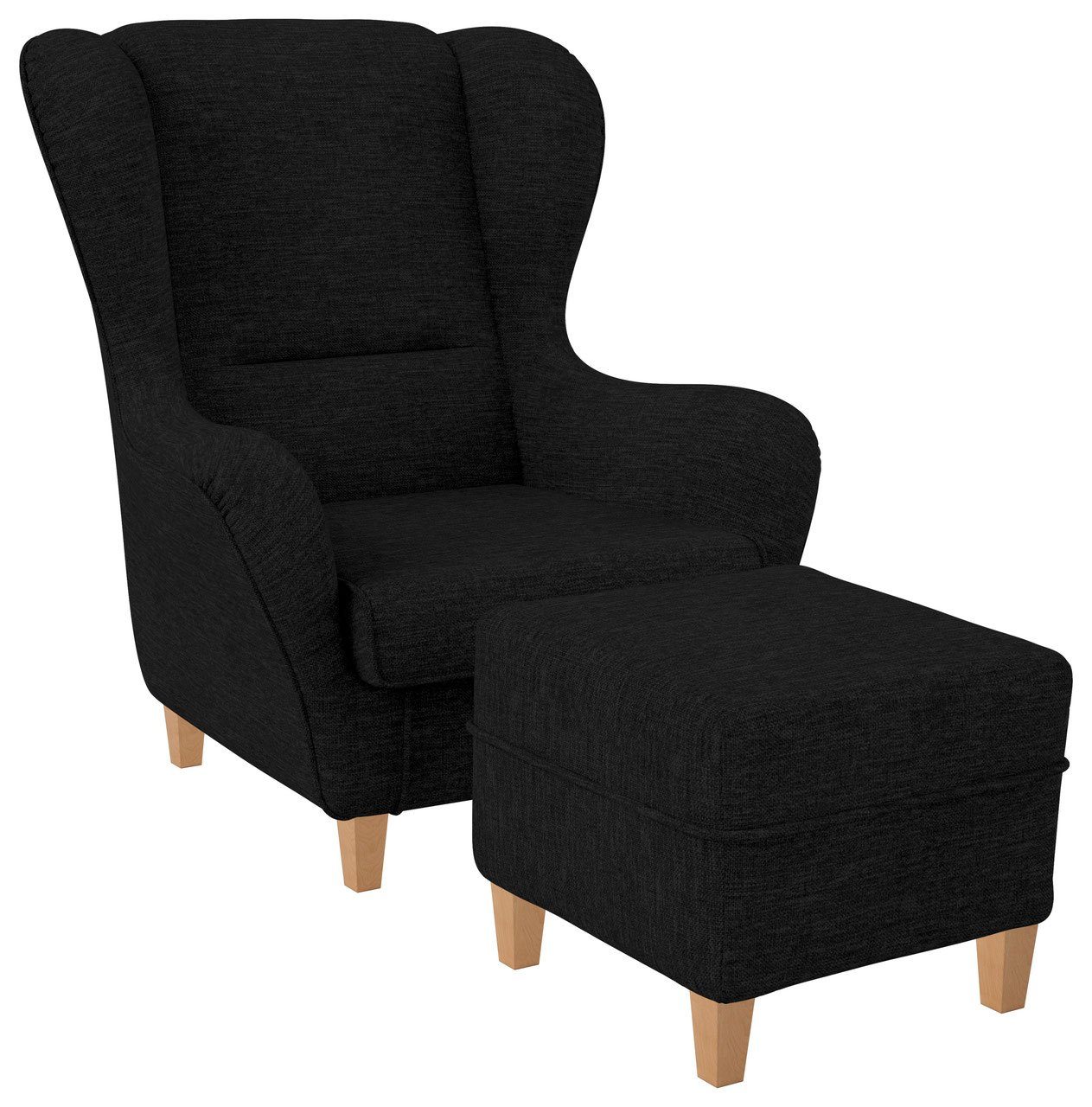 Supellex Ohrensessel Sofia, Relaxsessel mit Hocker, Design Webstoff, Vienna, Schwarz