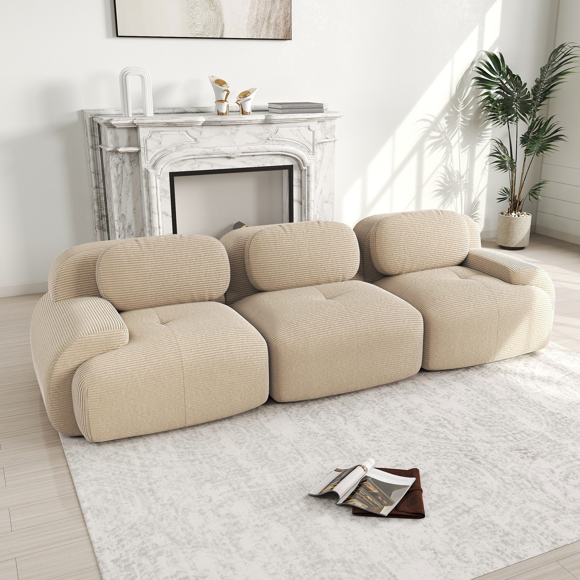 BlingBin Sofa Sofa aus Cordstoff, modular kombinierbar Polstersofa, 3-Sitzer 298 x 103 x 70 cm 1 Teile, hochelastische Polsterung für Wohnzimmer, Schlafzimmer und Heimkino