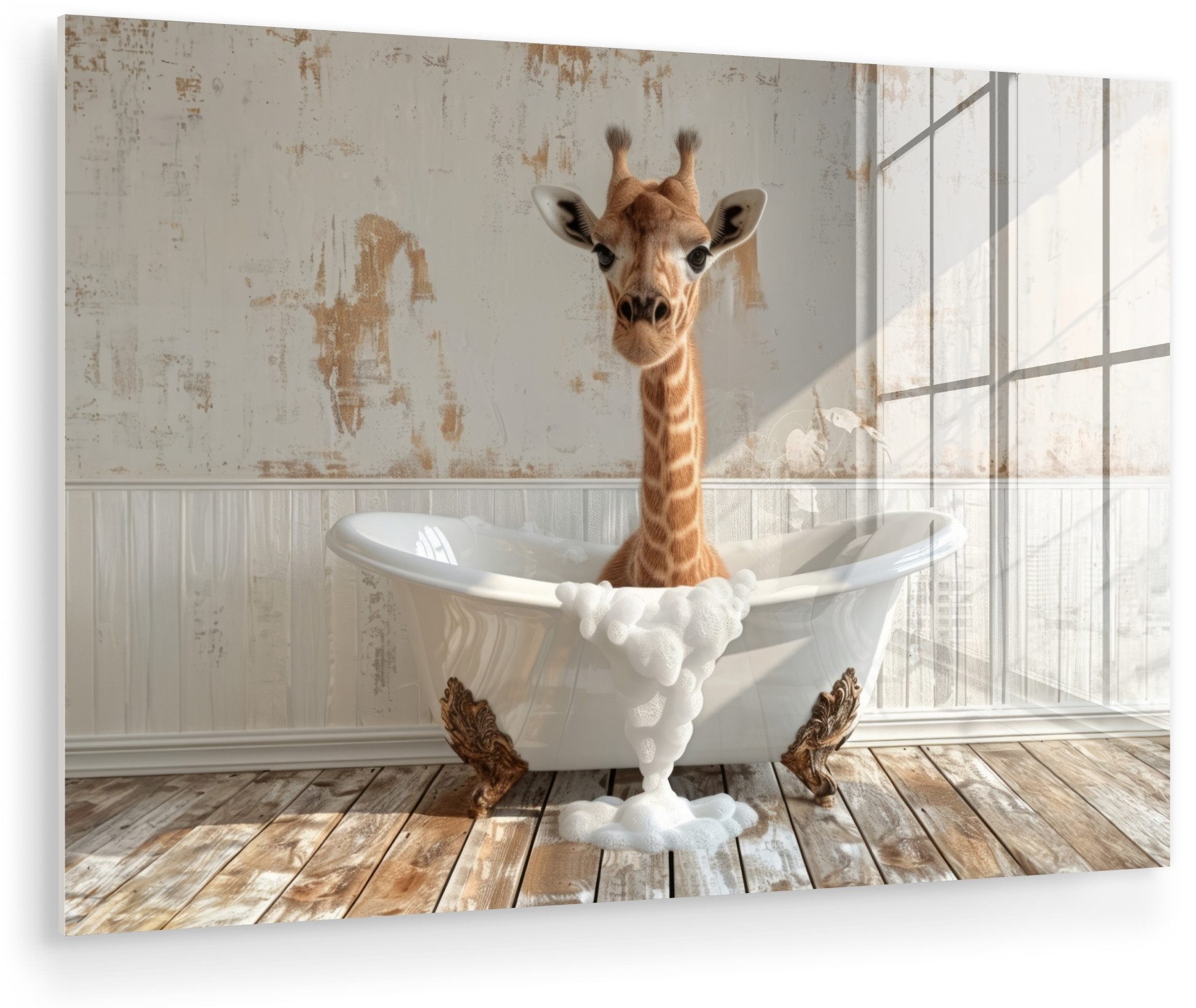 MuchoWow Acrylglasbild Giraffe - Badewanne - Vintage - Tiere, Inkl. Aufhängung, Acrylglasbilder Badezimmer, Toilette Bilder auf Glas, 30x20 cm