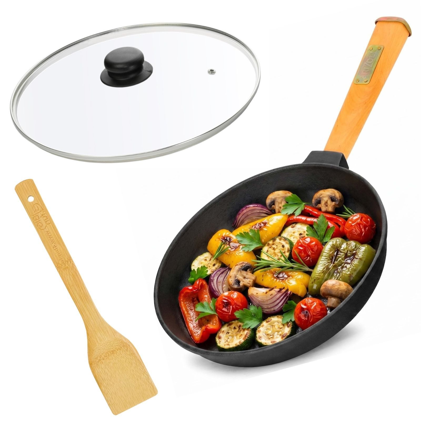 BIG-PAN Bratpfanne Ø20cm Pfanne 40mm hoch Gusseisen Glasdeckel, Gusseisen