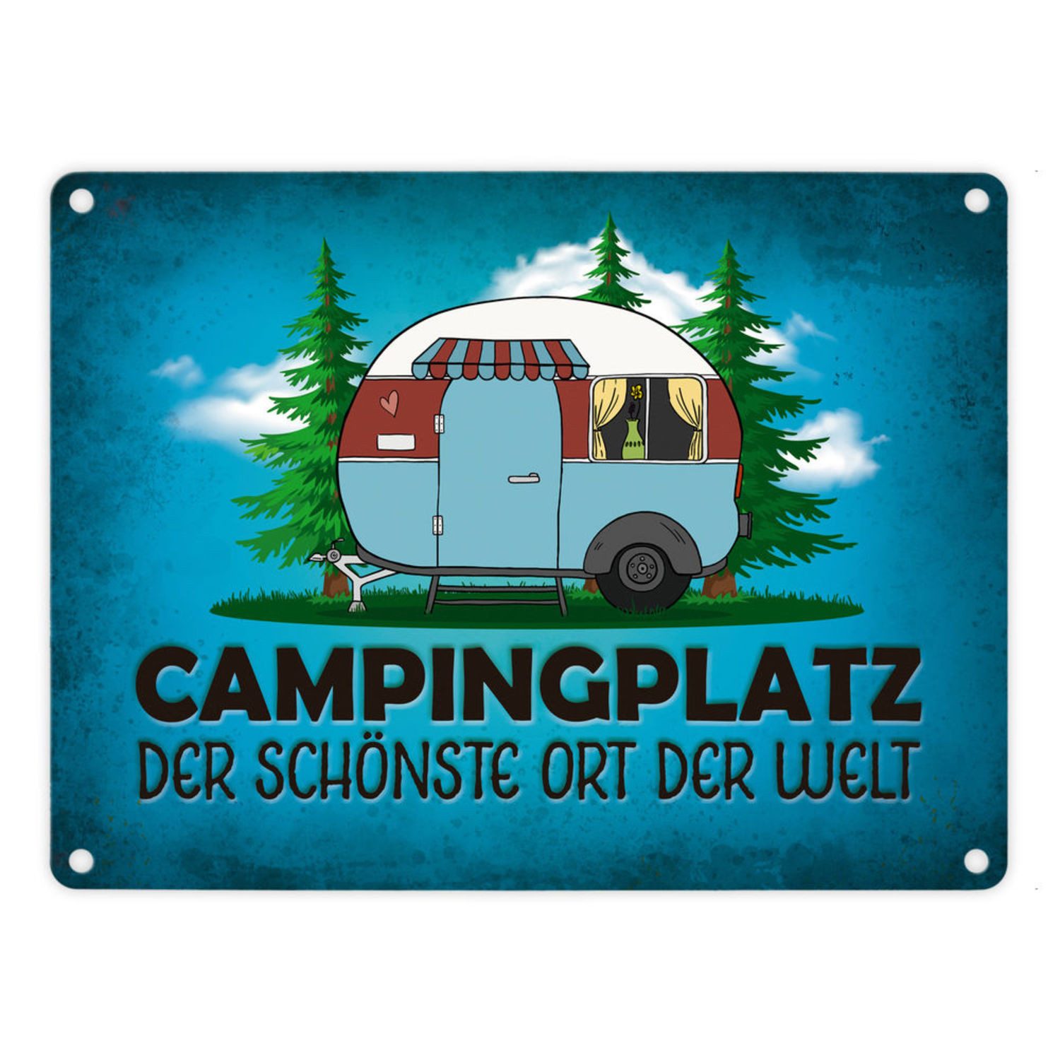 speecheese Metallschild Campingplatz Metallschild in blau mit Wohnwagen Motiv Wohnmobil Hobby