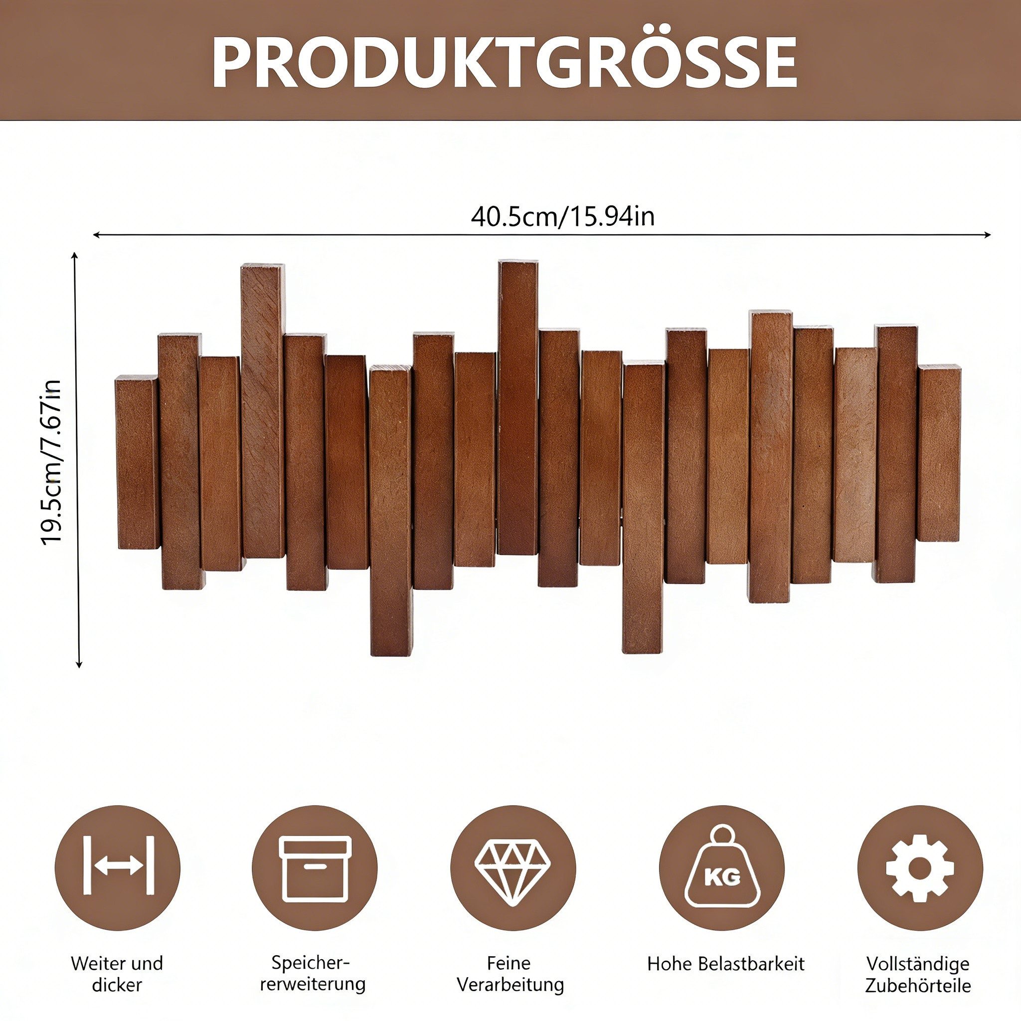 BlingBin Garderobenleiste 6 Haken Holzgarderobe, Klappbare Wandgarderobe, Platzsparende (1er Set, 1 St., 40,5 x 19,5 cm), Klaviergarderobe aus Naturholz, 6 Haken, Wandkunst, Walnussfarbe
