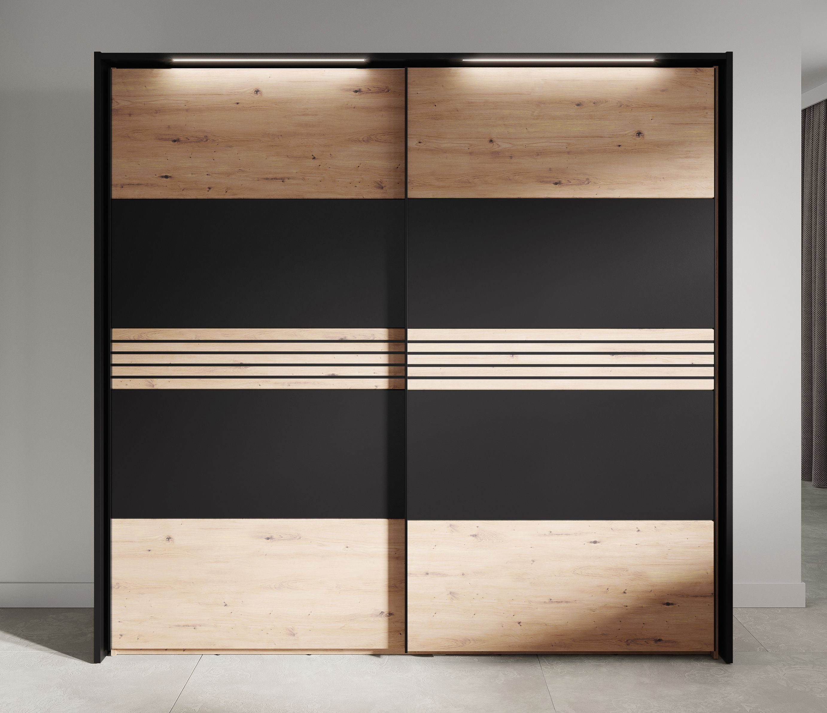 möbelando Schwebetürenschrank MELIKA 302SX (BxHxT: 220x213,1x60 cm) in F:Schwarz/Dekor Lamellen ArtisanEiche/K:Artisan Eiche