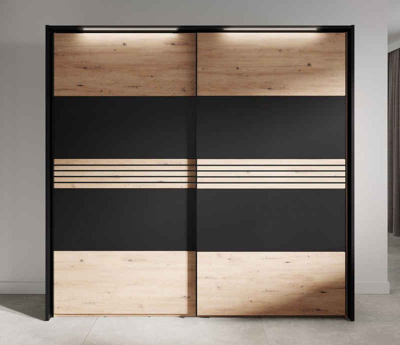 möbelando Schwebetürenschrank MELIKA 302SX (BxHxT: 220x213,1x60 cm) in F:Schwarz/Dekor Lamellen ArtisanEiche/K:Artisan Eiche