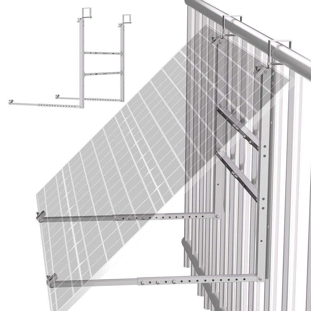 Rhein Beleuchtung Solarmodul-Halterung Balkonkraftwerk Halterung Alu AL6005 T5 mit Balkonhaken, Silber, (bis 44 Zoll, Set, 1-tlg., Solarpanel Halterung für Geländer, Wand, Montage in 15 Min, Neigung 15 45 Grad für PV Modul Halterung 400 600 Watt)