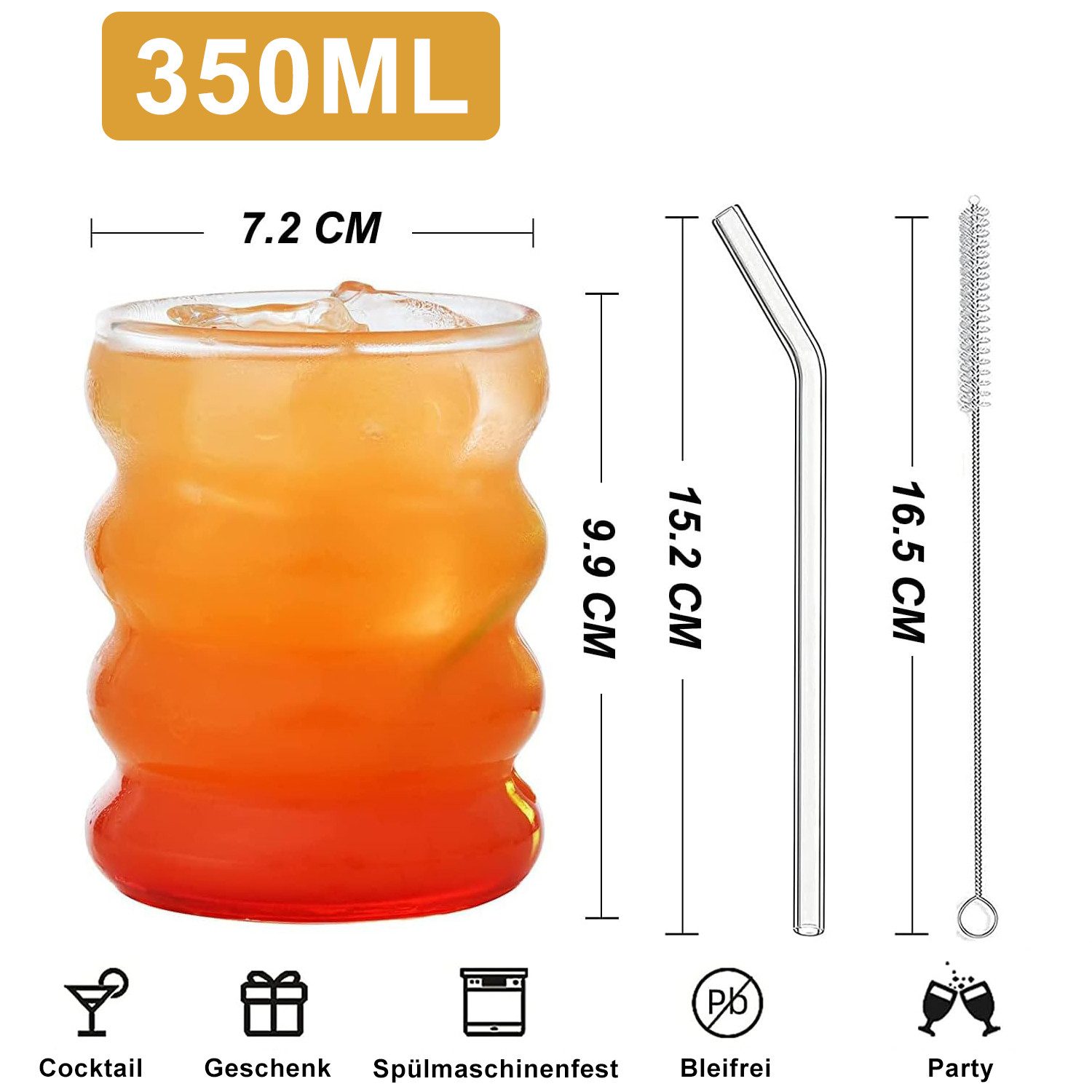 Refined Living Gläser-Set Trinkgläser gewellt 4er Set 350ml mit deckel, Glasstrohhalmen, Bürsten, Glas, gerippte trinkgläser bubble gläser, wave gläser, Cocktail Gläser