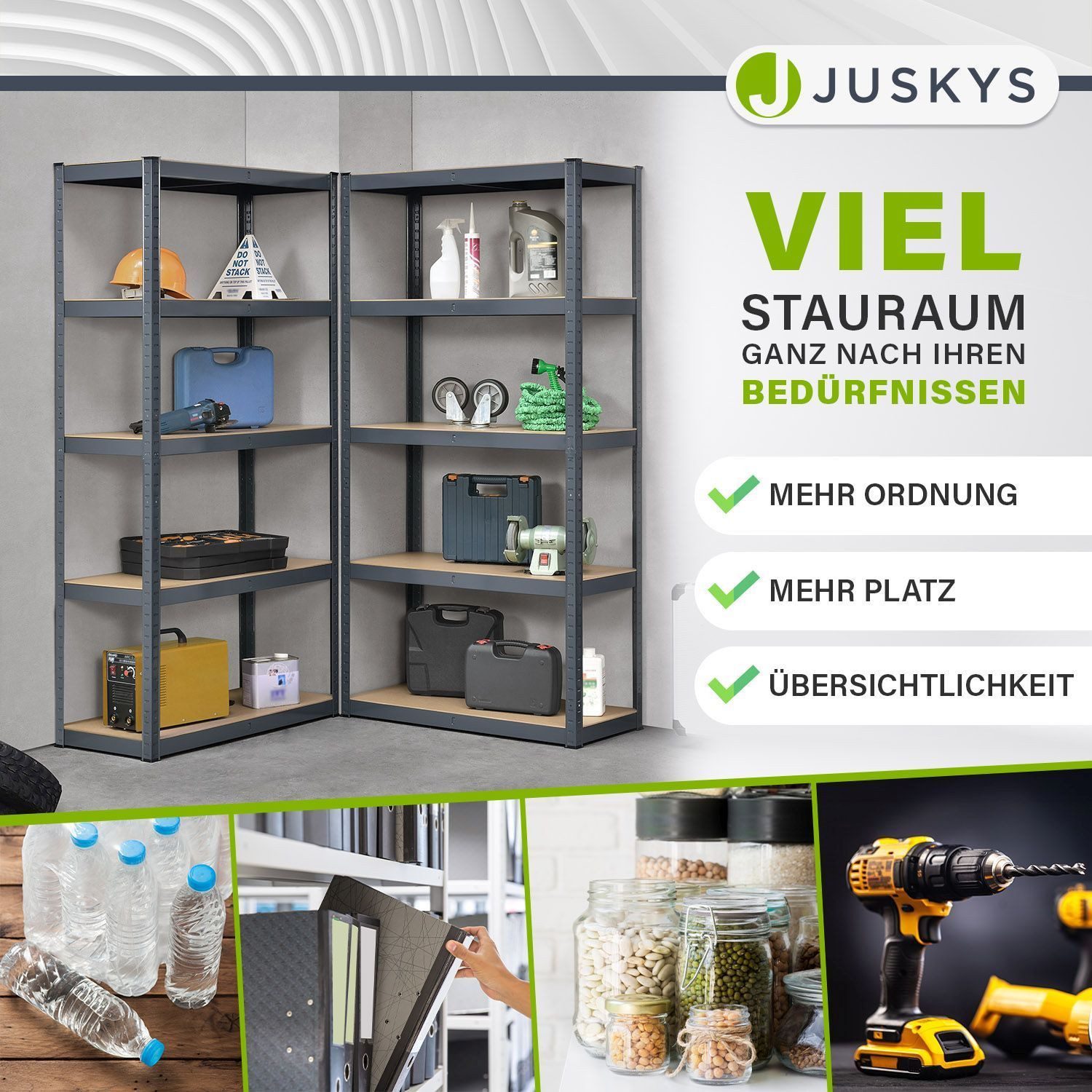 Juskys Schwerlastregal Basic, 8-tlg., Regalsystem mit 40 Einlegeböden, je 175 kg Traglast, Abstände wählbar