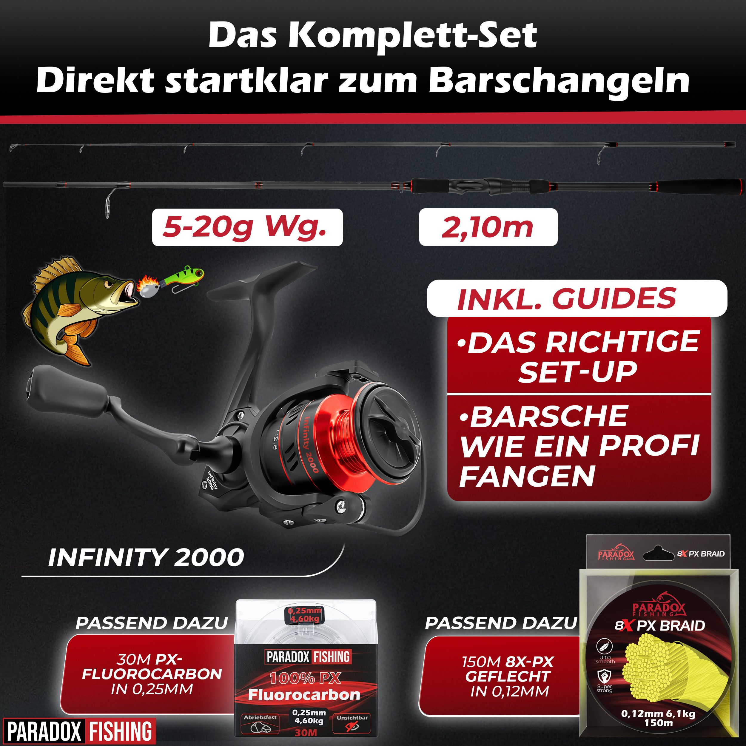 Paradox Fishing Spinnrute Barsch Komplett Set Firetiger Spinnrute 5-20g + 2000 Infinity Rolle, (Rute + 2000 Rolle + Köderset), Komplett-Starterset