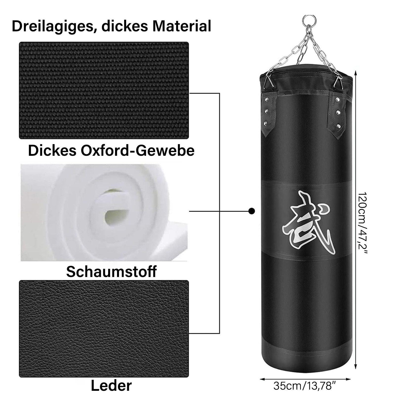 MOPUEA Boxsack Boxsack Sports Boxsack großer Profi Stahlkette Sandsack schwarz 120cm (Hängender Boxsack Set Ungefüllt für Erwachsene Jugend Training), für MMA Muay Thai Karate Taekwondo Training, Oxford-Tuch