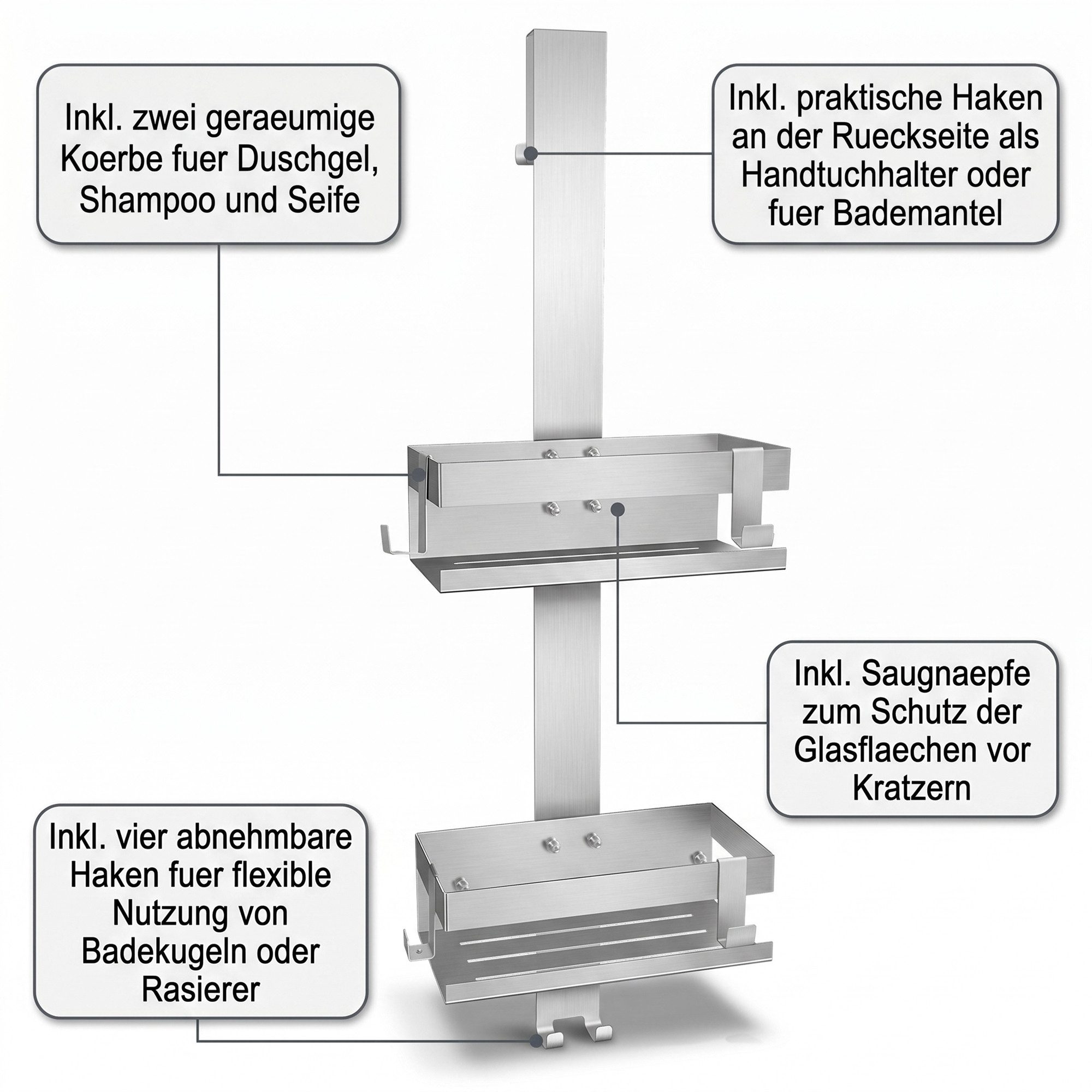 Mucola Duschablage Duschregal ohne Bohren Duschorganizer Handtuchhalter Badregal Korb, 1 1-tlg., inkl. Saugnäpfe verhindern Kratzer an der Scheibe – Bild 5 von 5