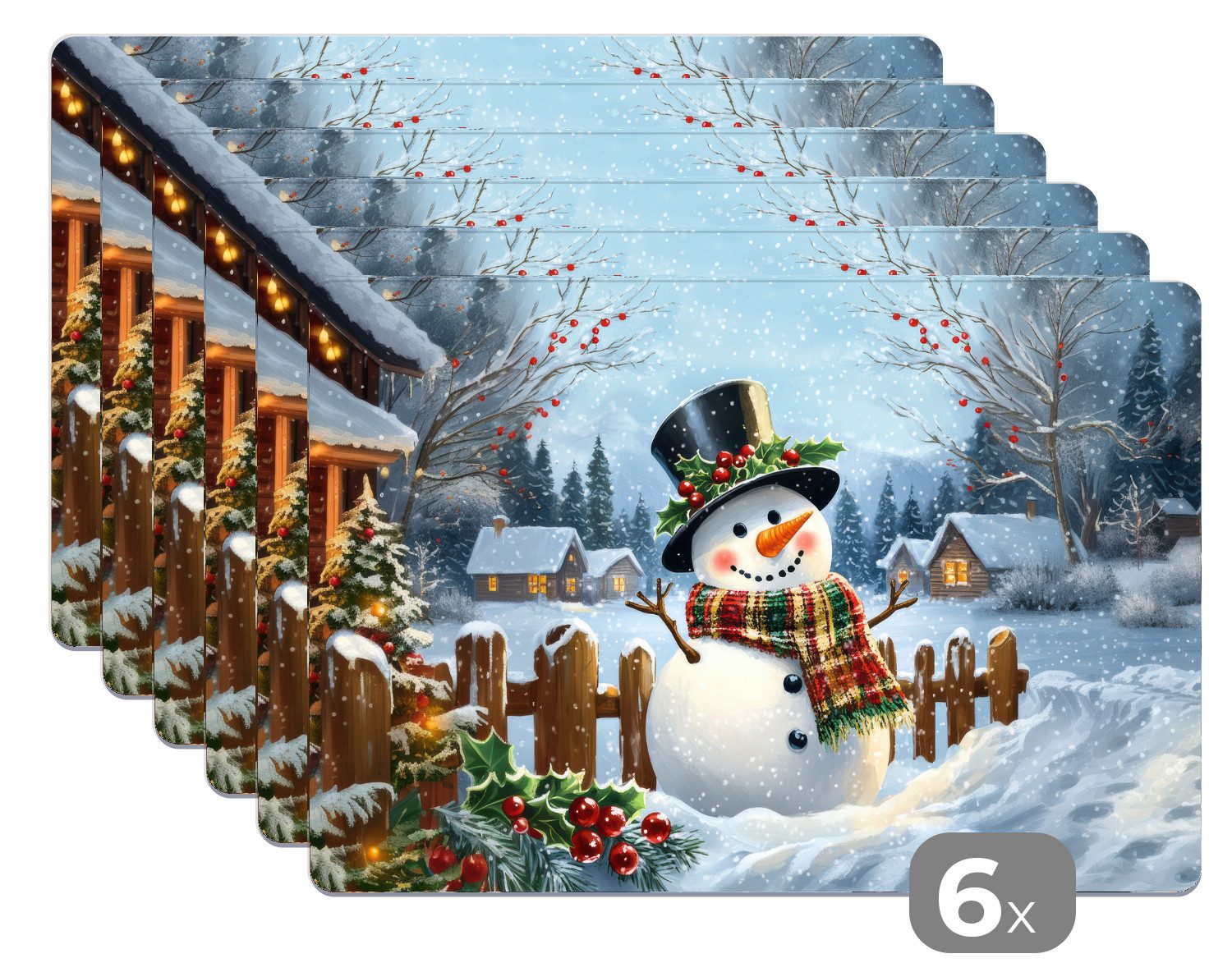 MuchoWow Platzset Schneemann - Winterdorf - Farbenfroh, (6-St), Platzsets, Tischset, Abwaschbar, Tischsets, Platzdeckchen