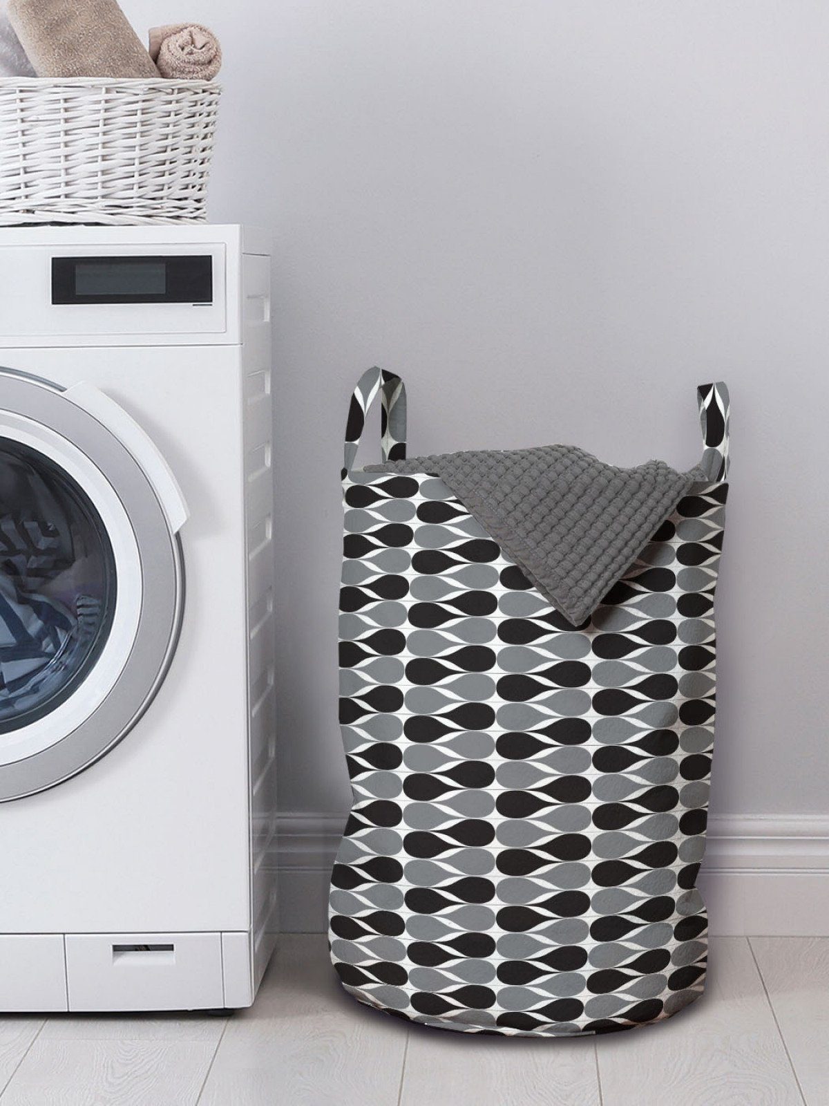 mit Griffen Ovals Abakuhaus Klassische Waschsalons, Wellenförmige Retro Kordelzugverschluss für Wäschesäckchen Wäschekorb Abstrakte