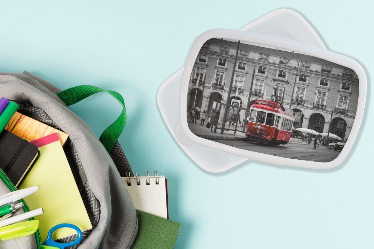 Kinder Brotbox Jungs Straßenbahn, Kunststoff, (2-tlg), Schwarz-Weiß-Foto Lunchbox Brotdose, für mit und MuchoWow Mädchen roten Erwachsene, und einer für