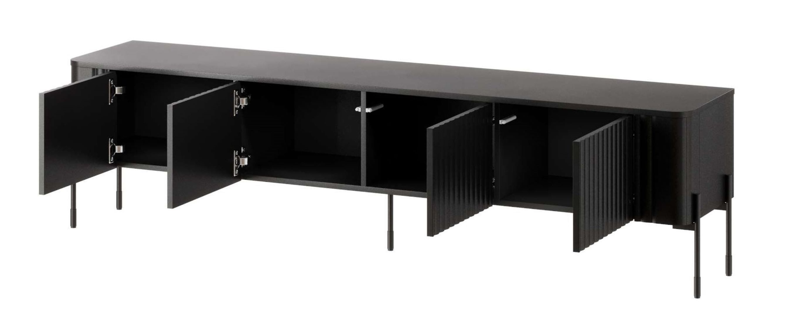 99rooms Lowboard Reva (TV-Kommode, TV-Schrank), mit 4 grifflosen Türen, aus Holzwerkstoff, schwarze Metallfüße