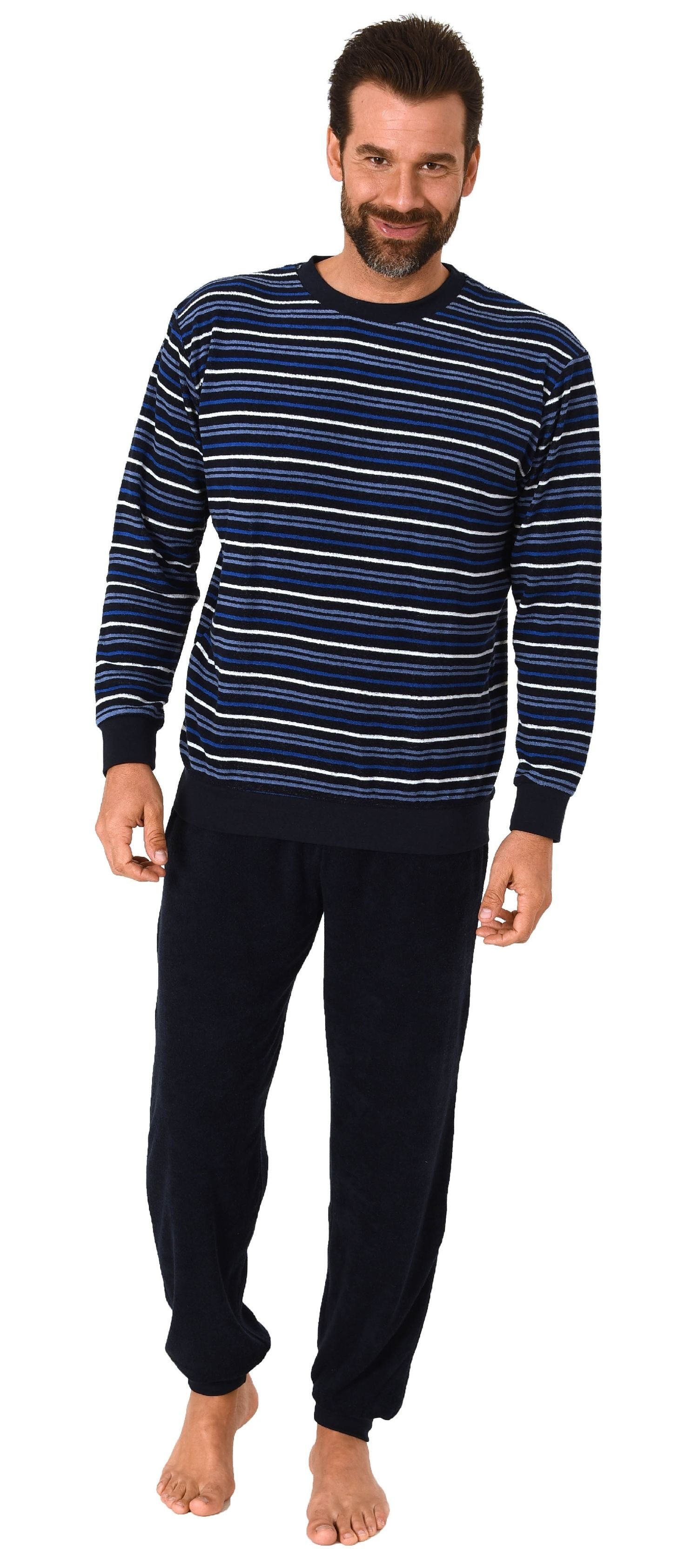 Normann Pyjama Langer Herren Frottee Schlafanzug mit Bündchen Streifenoptik günstig online kaufen
