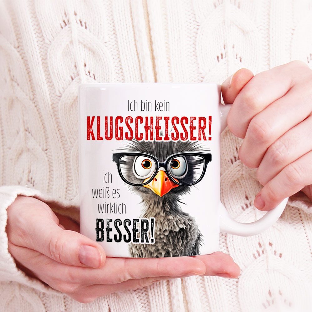 Cadouri Tasse mit Spruch KLUGSCHEISSER Kaffeetasse Büro Arbeit, Geschenk, Keramik, Kaffeebecher, Geschenkidee Arbeitskollege, lustig, Humor, 330 ml