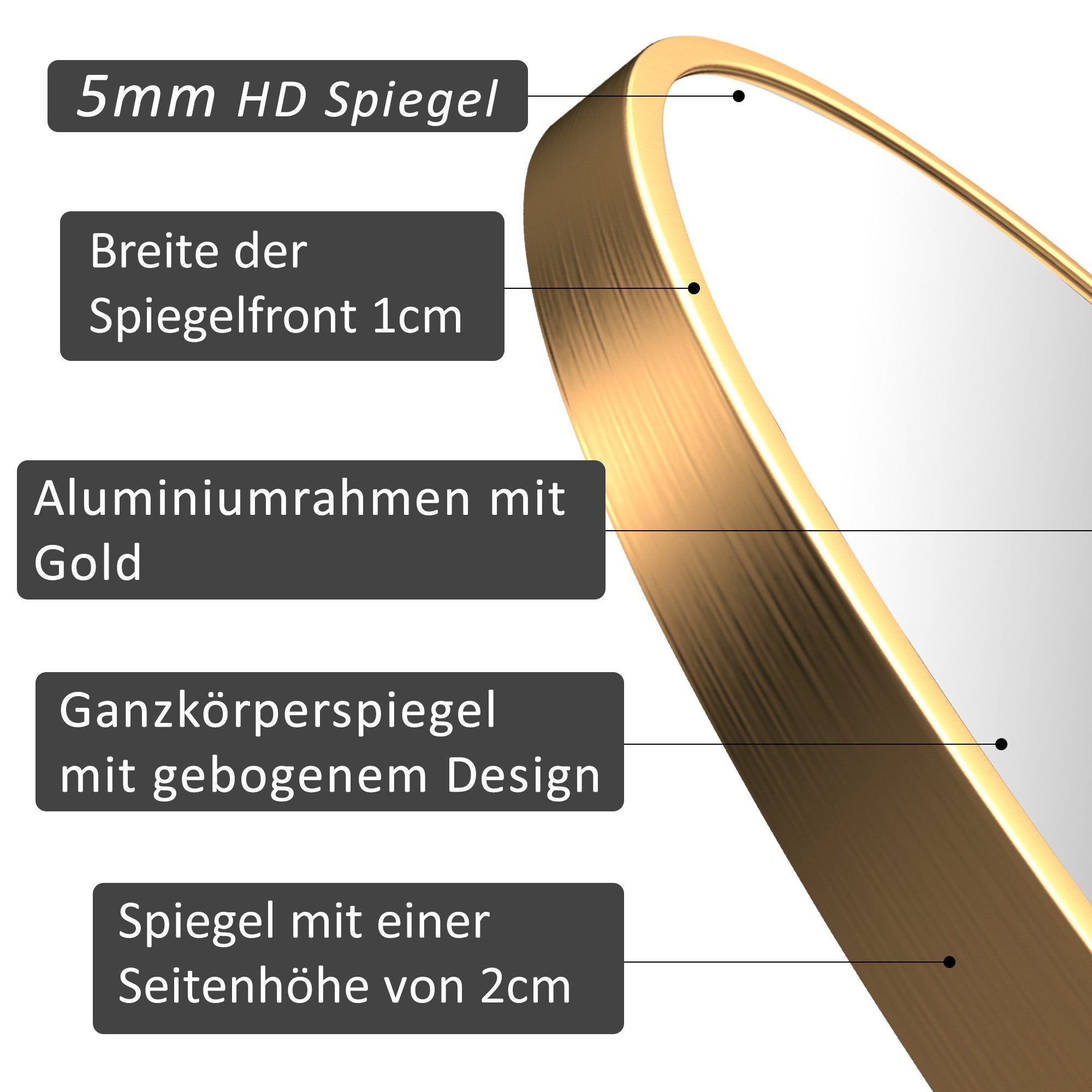 Hopibath Standspiegel groß Gold 150x50cm Ganzkörperspiegel Oval (Garderobenspiegel Bogenspiegel Hochspiegel, 5mm HD Glas, mit Alurahmen), Explosionsgeschutz, Umweltschutz