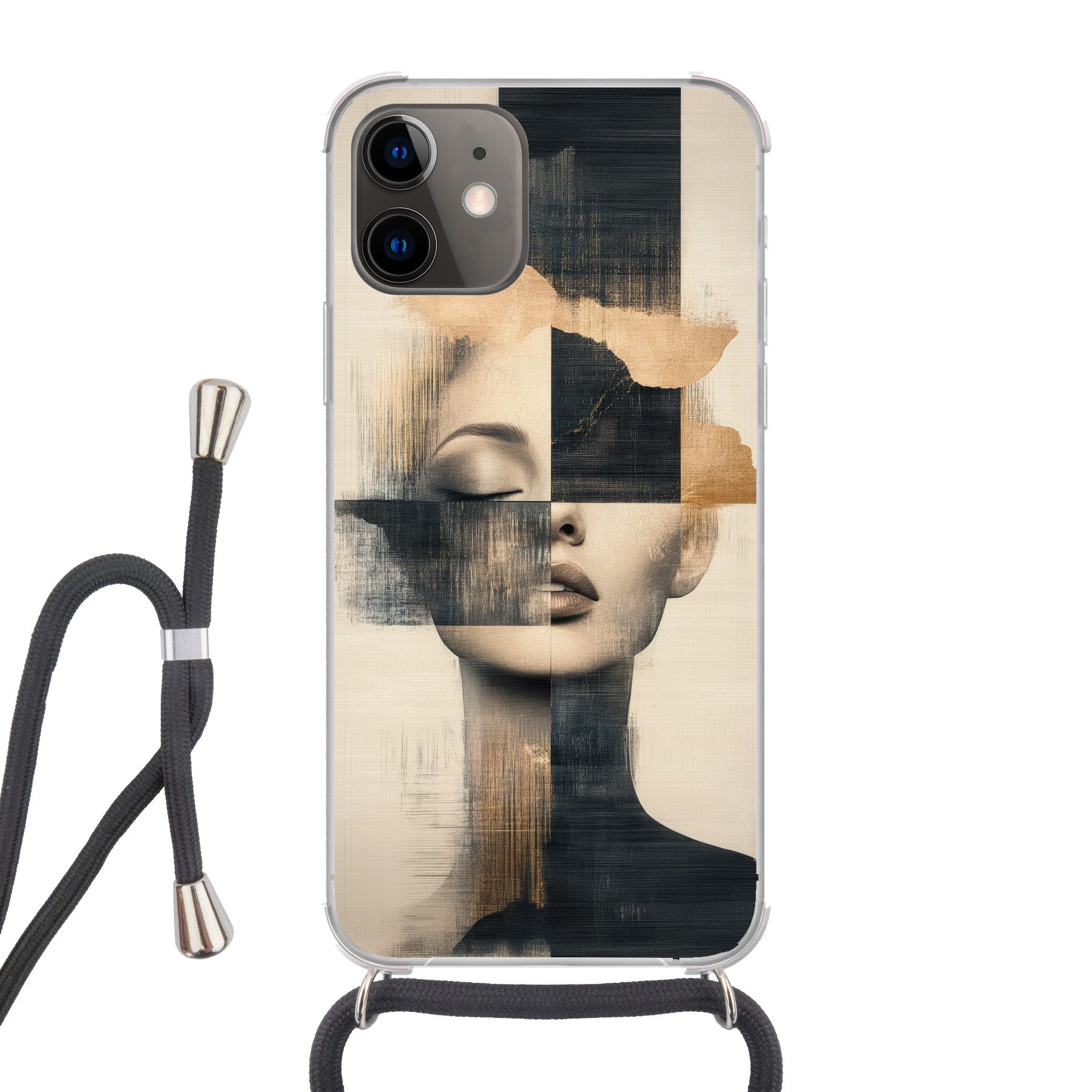 MuchoWow Handyhülle für Apple iPhone 11 Gold - Frau - Rechtecke, Tragbare Handyhüllen mit Kette zum umhängen, Handykette Handyband