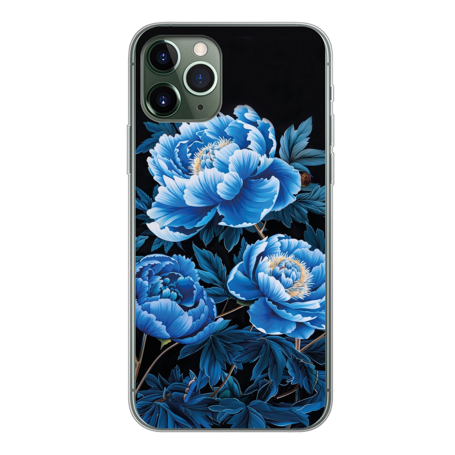 MuchoWow Handyhülle für Apple iPhone 11 Pro Blumen - Schwarz - Blau - Modern, Smartphone-Bumper, Print, Handy Schutzhülle Dünn