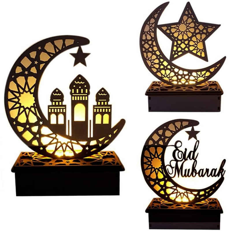 Leway LED Stripe »3 Stück Ramadan Laterne LED Holz Mond Sterne Lichtdekoration Ramadan Home Decor Craft Ramadan Dekoration«