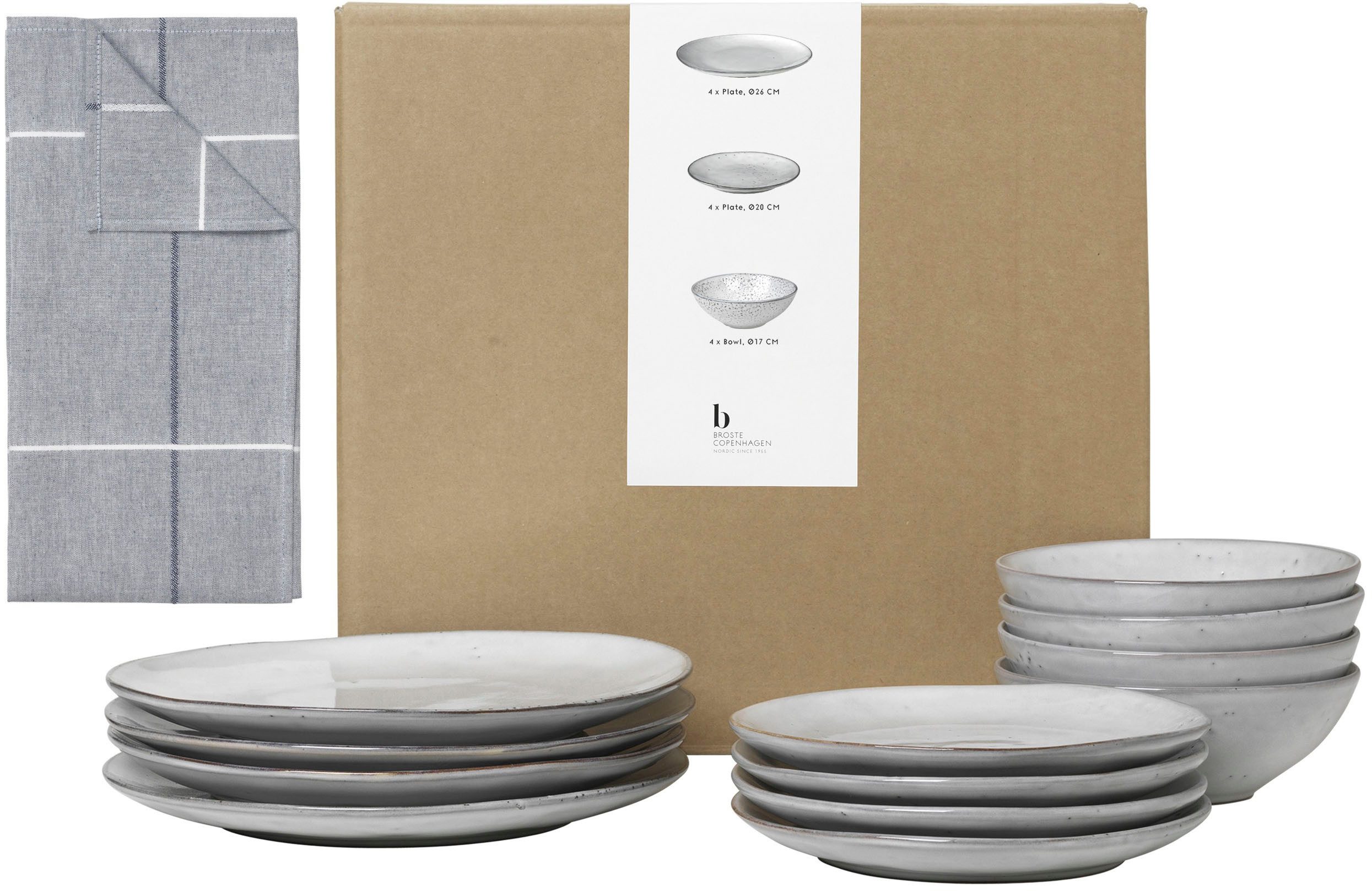 Broste Copenhagen Geschirr-Set Nordic Sand, inklusive Geschirrtuch Set (13-tlg), 4 Personen, Keramik, Beliebte Geschirr Sets Exclusiv mit Geschenk