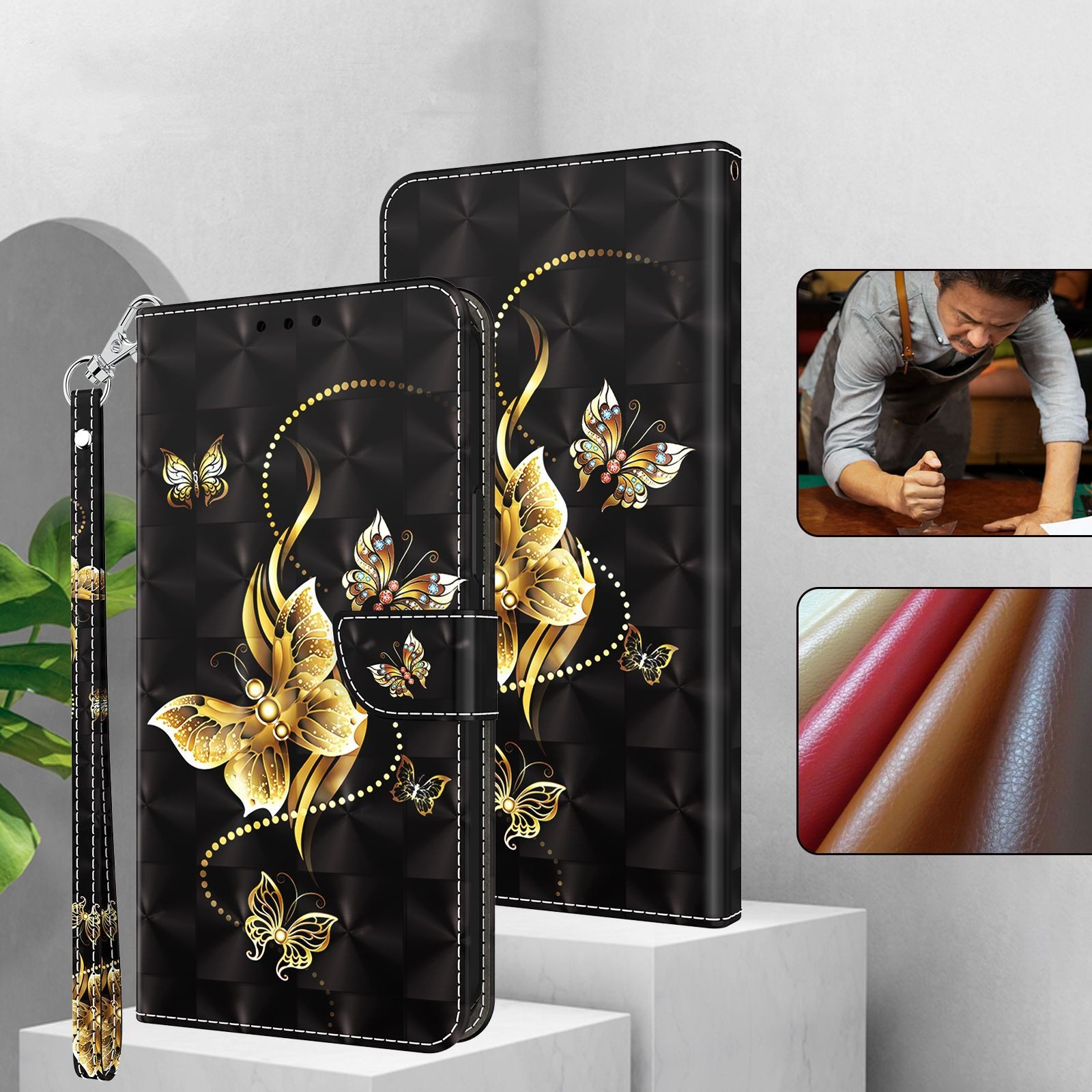 CLM-Tech Handytasche für Samsung Galaxy A16 / A17 5G Hülle aus PU Leder Klapphülle (goldene Schmetterlinge schwarz, Handyhülle mit Standfunktion - Wallet Flip Case inklusive Kartenfächer), Cover mit Magnetverschluss - Samsung Galaxy A16 5G Schutzhülle