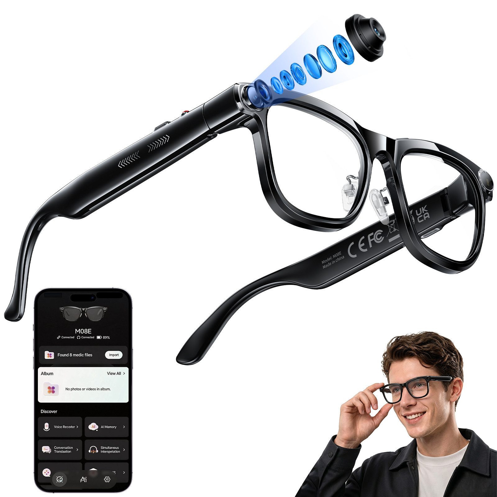 KAIGEER Sonnenbrille KI Brille mit Echtzeitübersetzung, 13MP Kamera,300 mAh, Wechselgläsern (LED Video Brille, 1-St., ca. 150*158*51mm) AI Smart Glasses Set für Männer Frauen, UV Schutz, Bilderkennung, IPX4