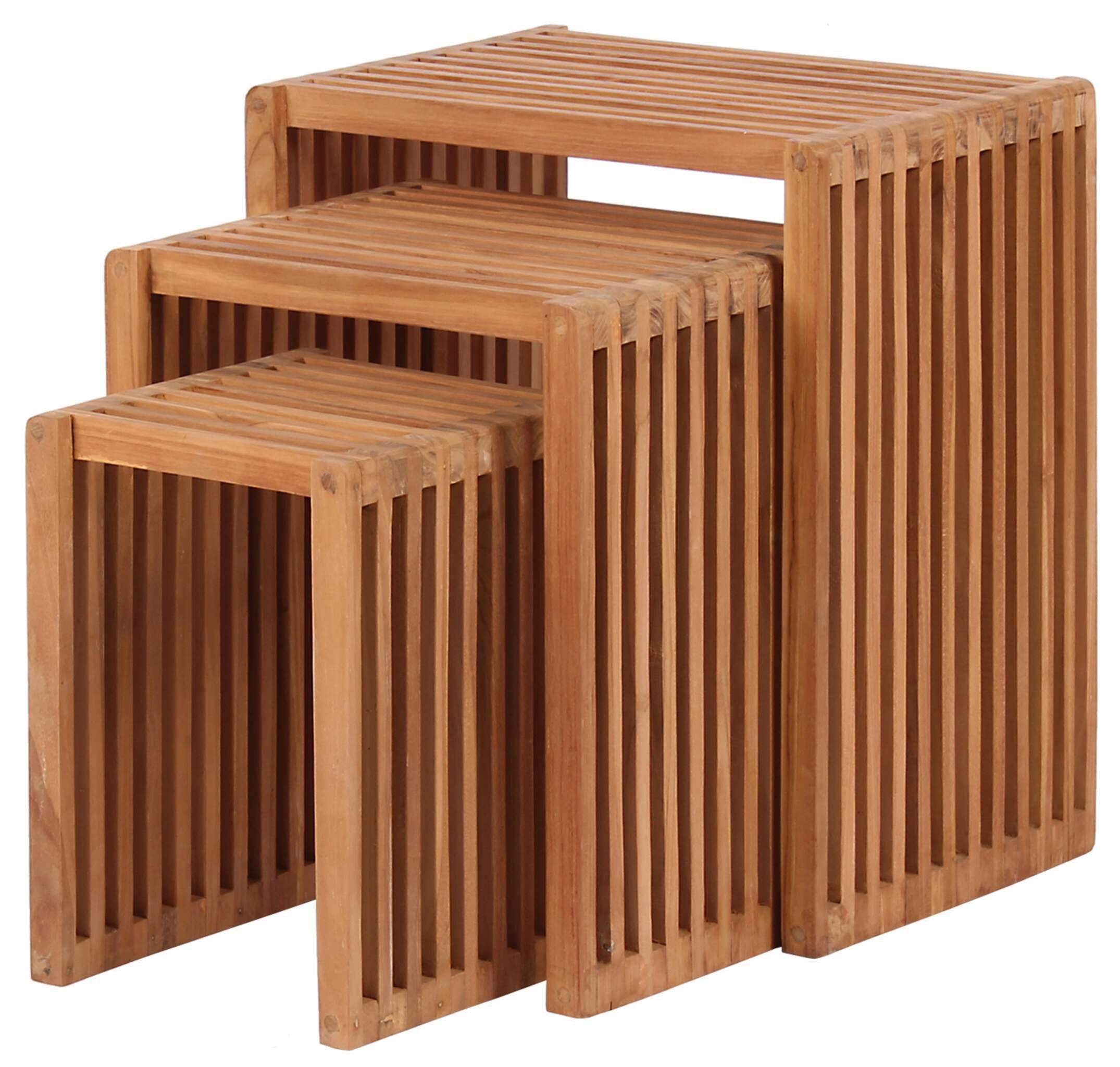 MR.DEKO Beistelltisch Teak 3er Set Holztisch natur 45x32x50cm ineinanderschiebbares Tischset (3-teiliges Beistelltisch Set aus Massivholz, 3-St), Beistelltische naturbelassen, wetterfest & stabil