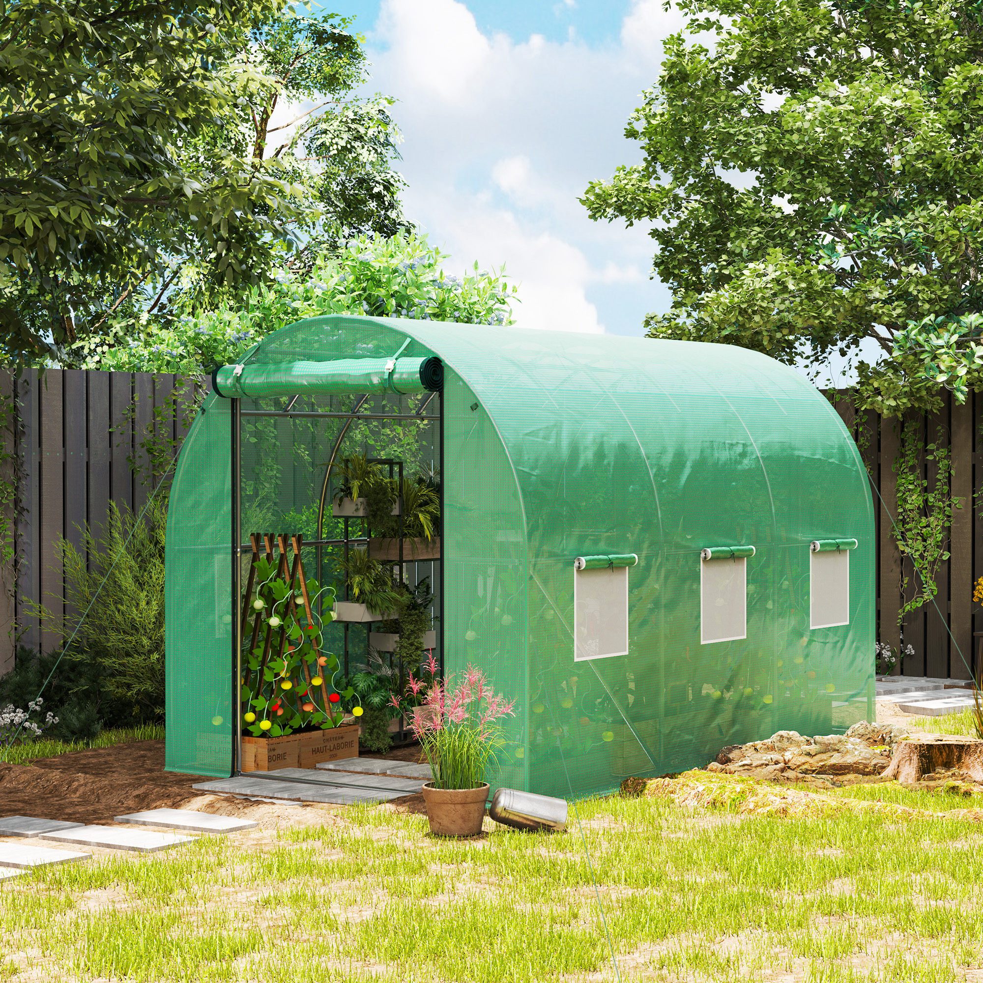Outsunny Foliengewächshaus Tomatenhaus mit 6 Fenster verzinktem Stahl 170g/m² PE Pflanztunnel, BxTxH: 300 x 200 x 195 cm, BxLxH: 200 x 300 x 195 cm, Folientunnel 1-St., Gewächshaus, UV-beständig, mit Erdanker, Grün