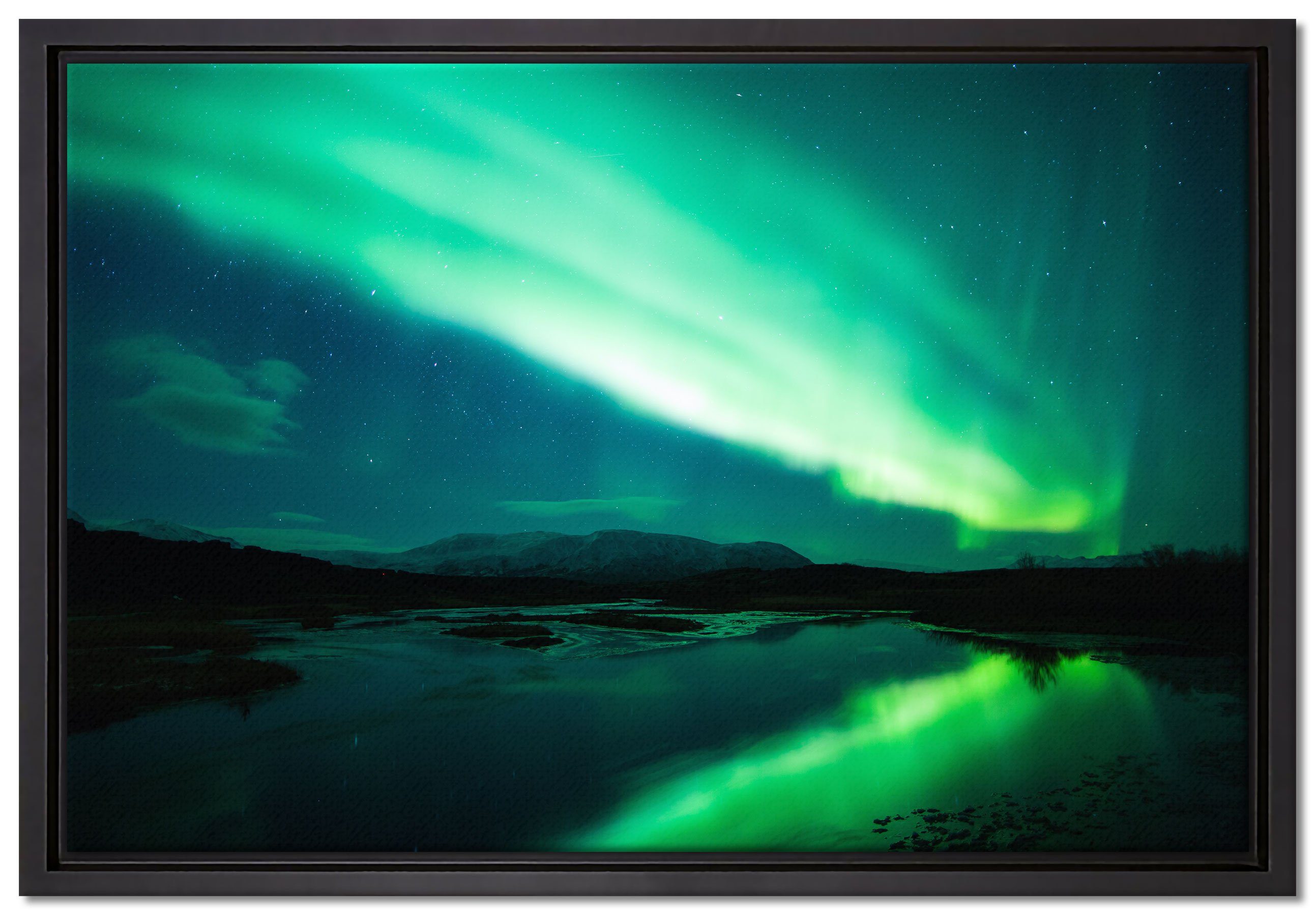 Pixxprint Leinwandbild Polarlichter in Skandinavien, Wanddekoration (1 St), Leinwandbild fertig bespannt, in einem Schattenfugen-Bilderrahmen gefasst, inkl. Zackenaufhänger