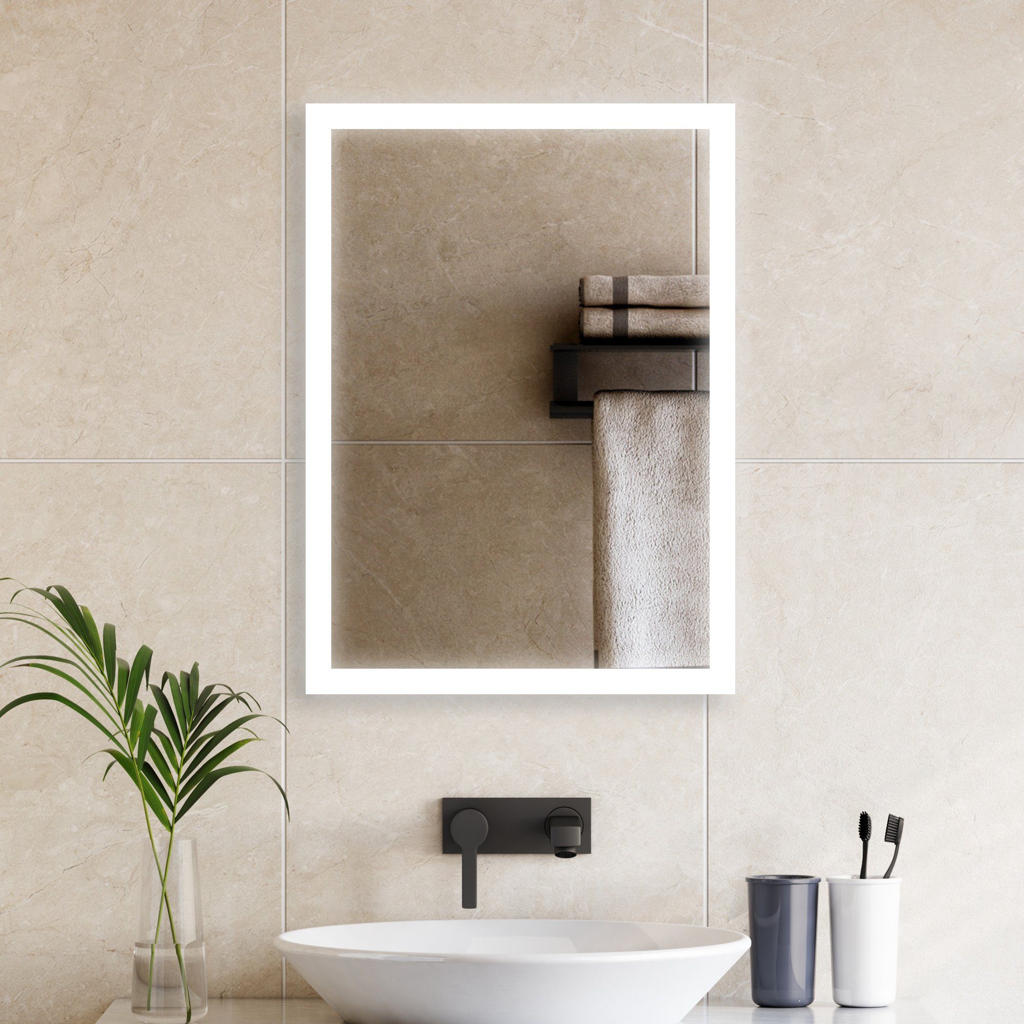 GOEZES Badspiegel Badspiegel mit Beleuchtung mit 60x40 cm (Rahmen aus  Aluminiumlegierung, Wandschalter), Kaltweiß-6500K,5mm umweltfreundlicher  kupferfreier Spiegel