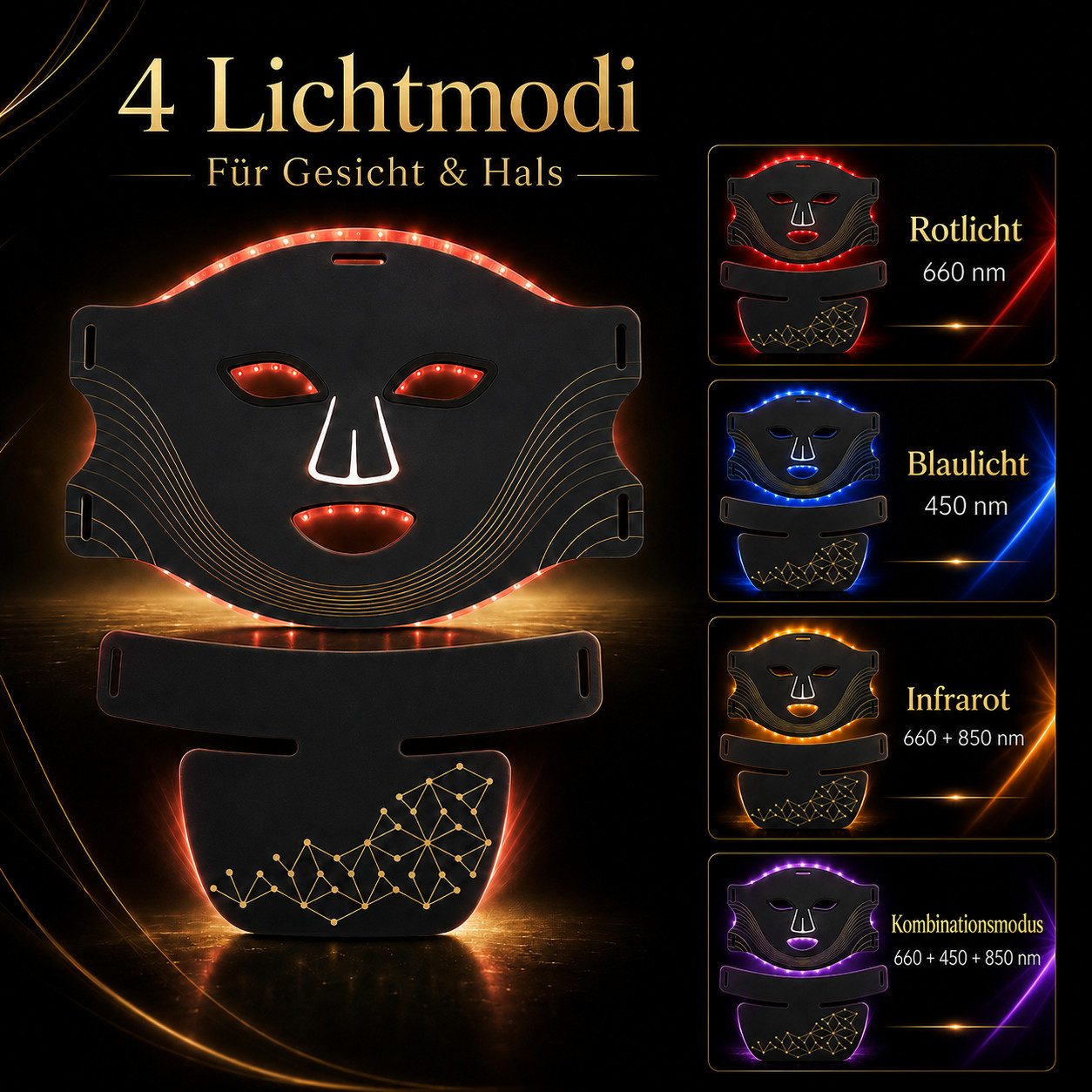 Toomoke LED-Gesichtsmaske LED Maske Gesicht mit Halsmaske Set, Lichtmaske Gesicht, 4 Lichtmodi, 60 LED Module, 180 LED Chips, wiederaufladbarer Controller, LED Gesichtspflege Gerät