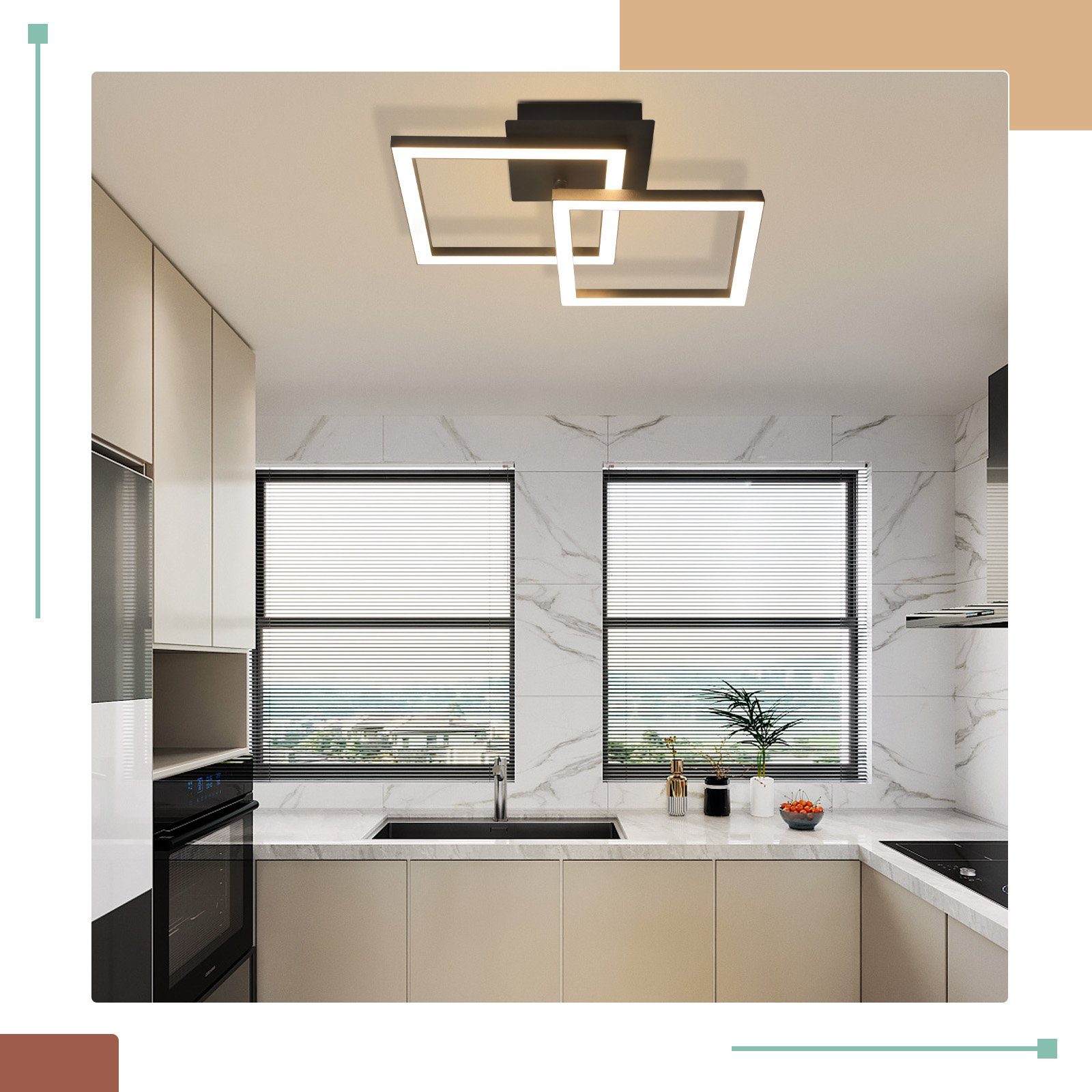 ZMH LED Deckenleuchte Modern 24W für Wohnzimmer Esszimmer Deckenlampe für Küche und Flur, LED fest integriert, Warmweiß, Doppelrahmen, 2 Leuchtelemente, ein Ele – Bild 5 von 5