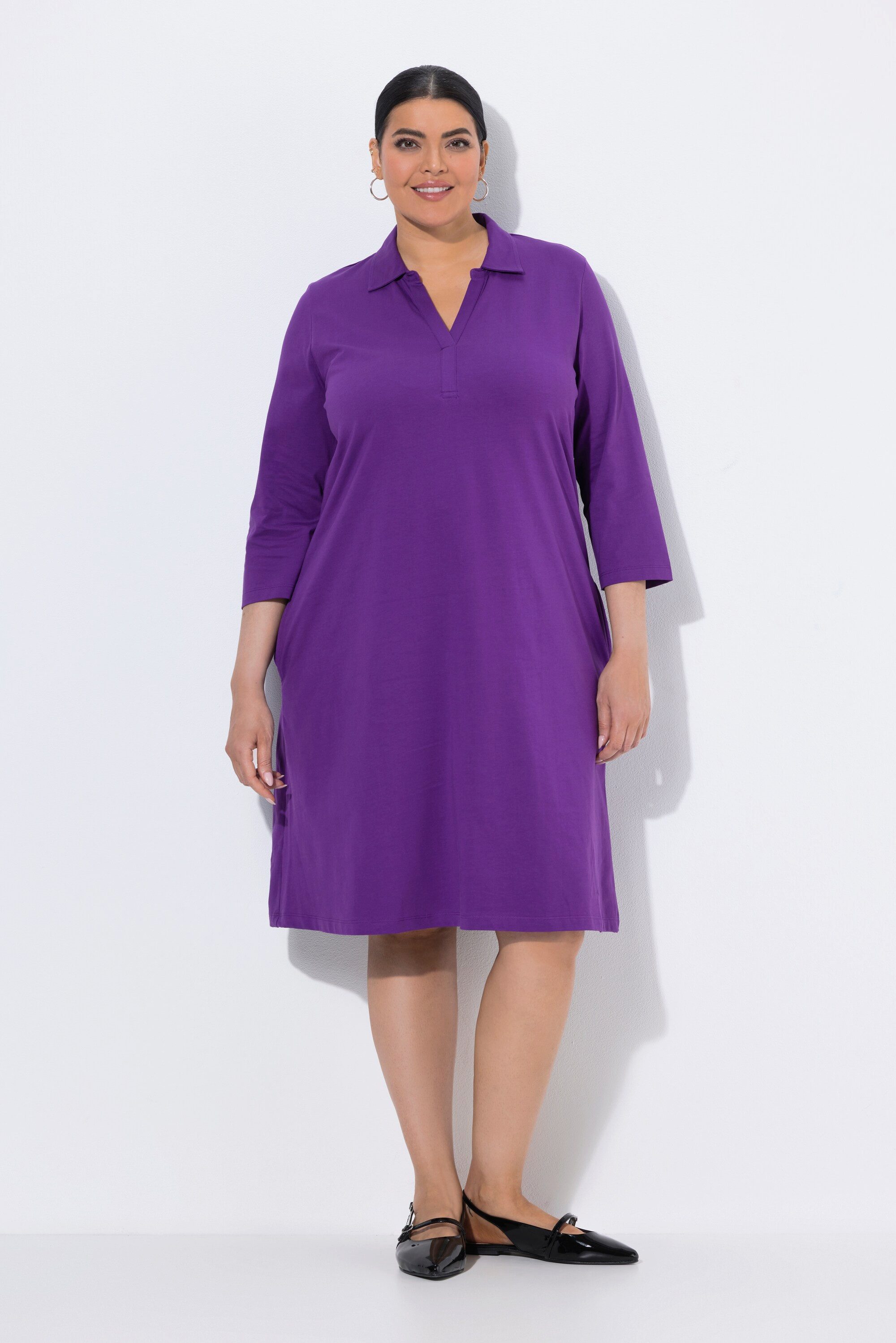 Ulla Popken Midikleid Jerseykleid A-Linie Hemdkragen 3/4-Arm Taschen