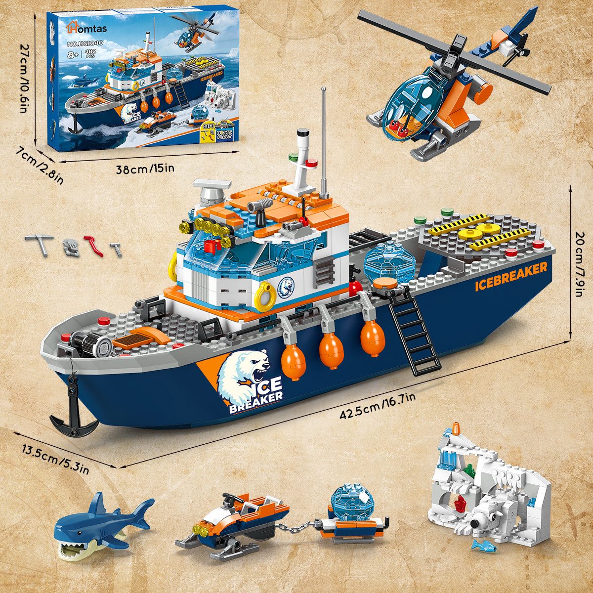 Hotmas Schwimmfähiges Ozean Forschungsboot Klemmbausteine Set Spielbausteine, (Set, 482 St., Ozean Forschungsboot mit U-Boot und Hubschrauber) – Bild 2 von 5