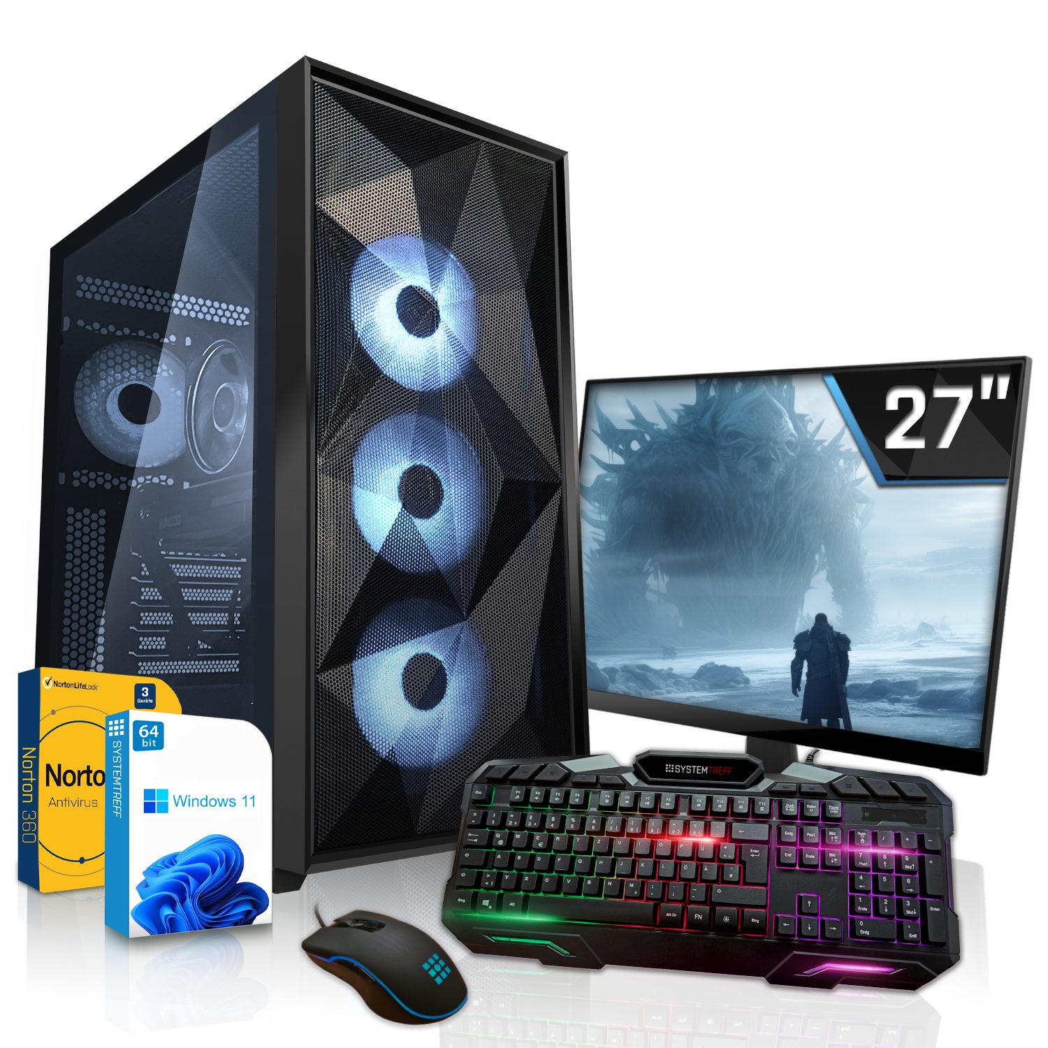 SYSTEMTREFF Gaming-PC-Komplettsystem (27", AMD Ryzen 7 5700X, GeForce RTX 4060, 32 GB RAM, 1000 GB SSD, Windows 11, WLAN)
