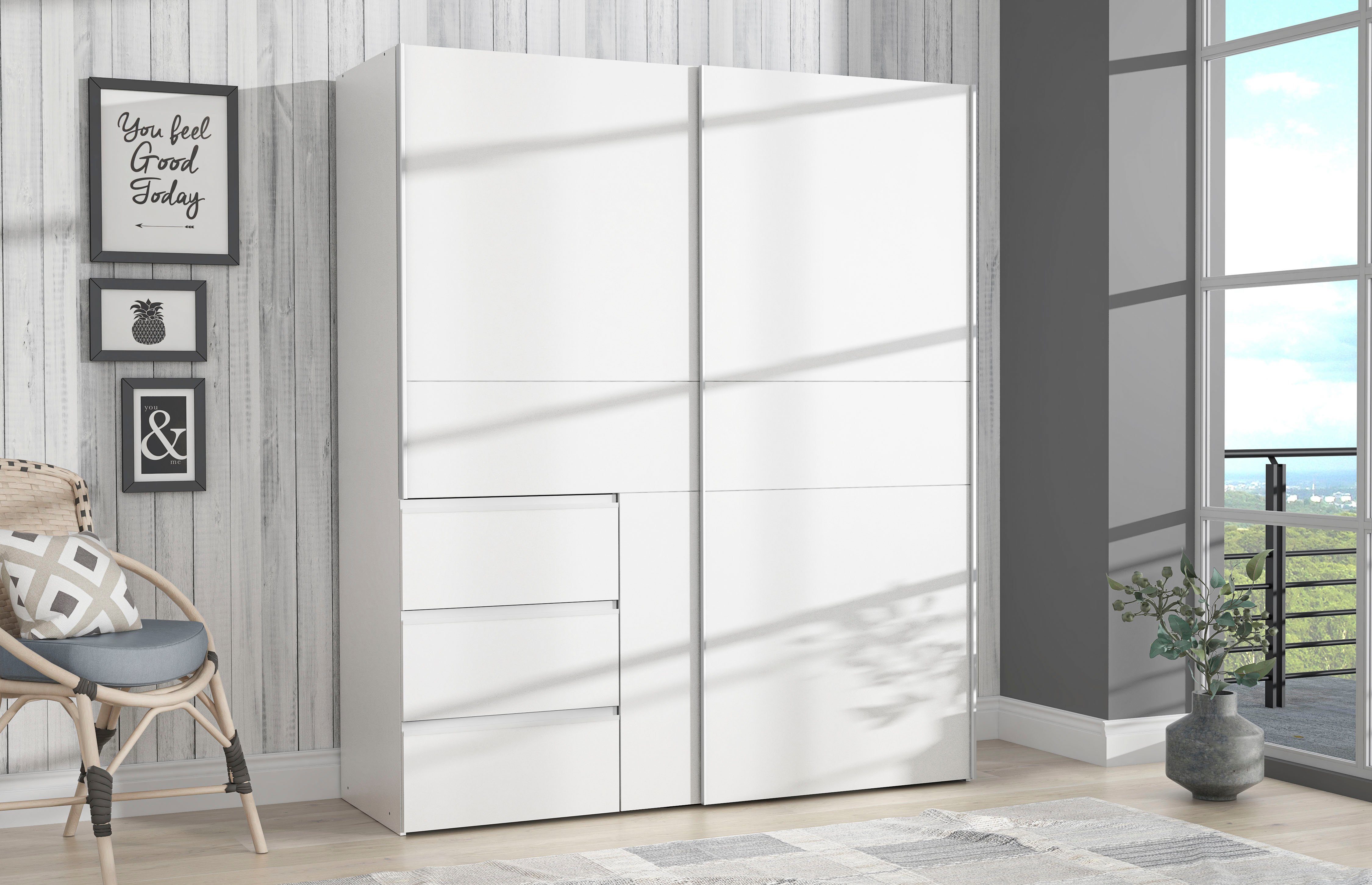 Schwebetürenschrank Winn, Schiebetürenschrank mit 3 Schubladen, Made in Europe