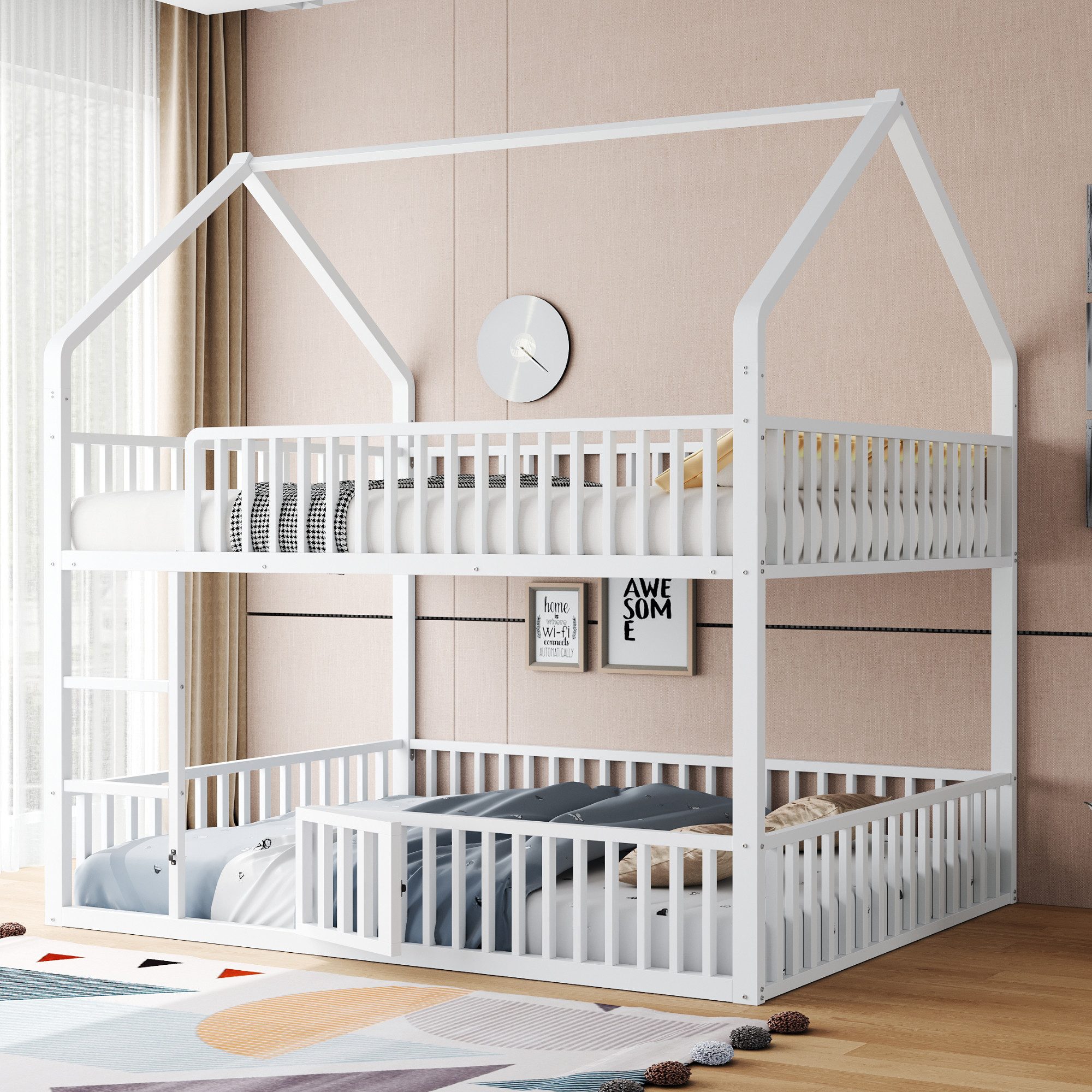 Flieks Etagenbett, Metallbett Hochbett Hausbett 140x200cm mit Leiter & oberem Lattenrost