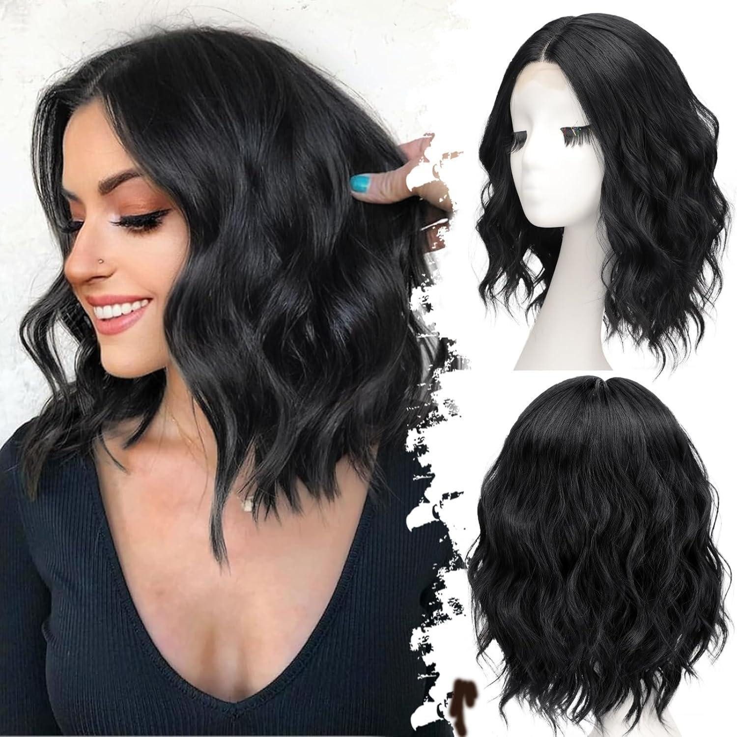 LuxusKollektion Kunsthaarperücke Perücke Damen kurz wellig Locken Bob Mittelscheitel Cosplay Schwarz