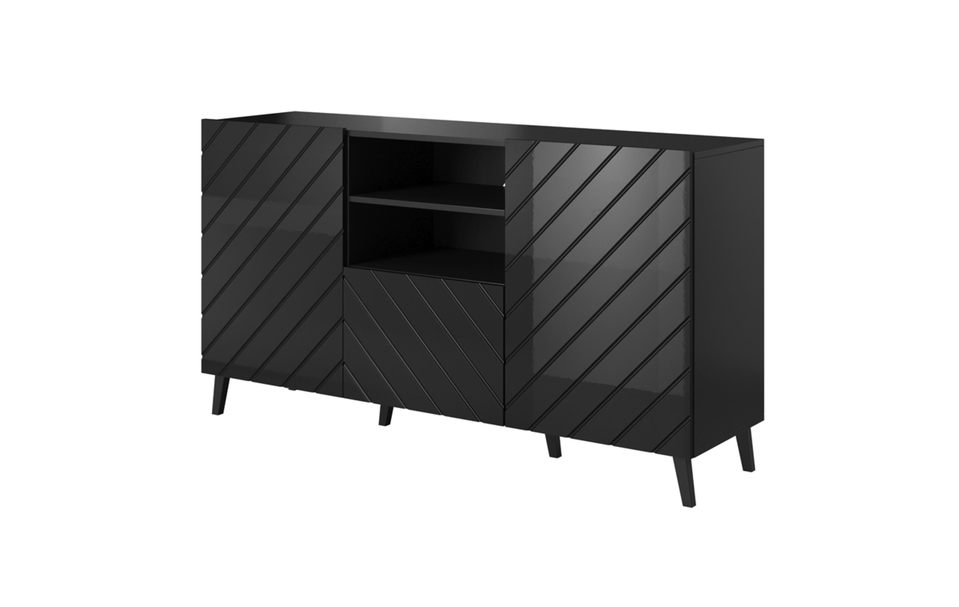 T41,6 Furnix mit Ziertüren/Metallgestell und cm Schwarz Glanz Sideboard Kommode Hochglanz, Schublade H82 x B150 x ODELIA