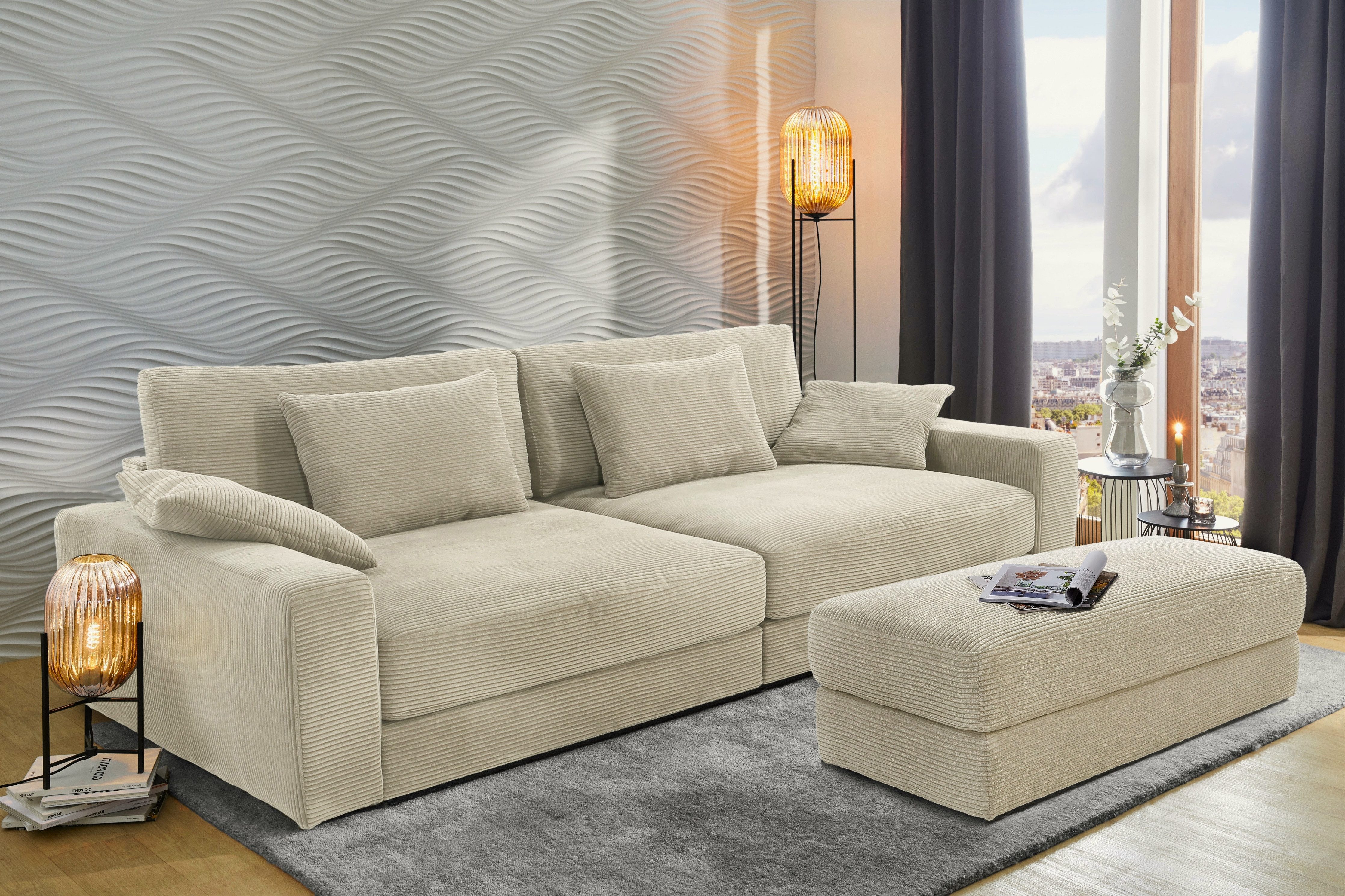 luma-home Polsterhocker 15257 (B124/T60/H40 cm, Bonellfederkern-Polsterung), Sitzbank Designerhocker, robuster Cord-Bezug Beige Grau – Bild 3 von 5