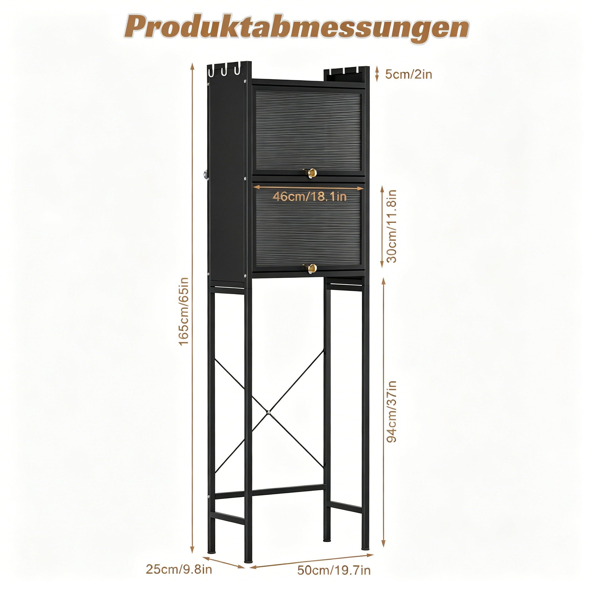 Rutaqian Badregal WC Regal mit Türen ohne Bohren Badezimmerregal Wasserdicht 50x25x165cm, Badregal mit Stauraum und PVC Türen, Platzsparender Badezimmerschrank