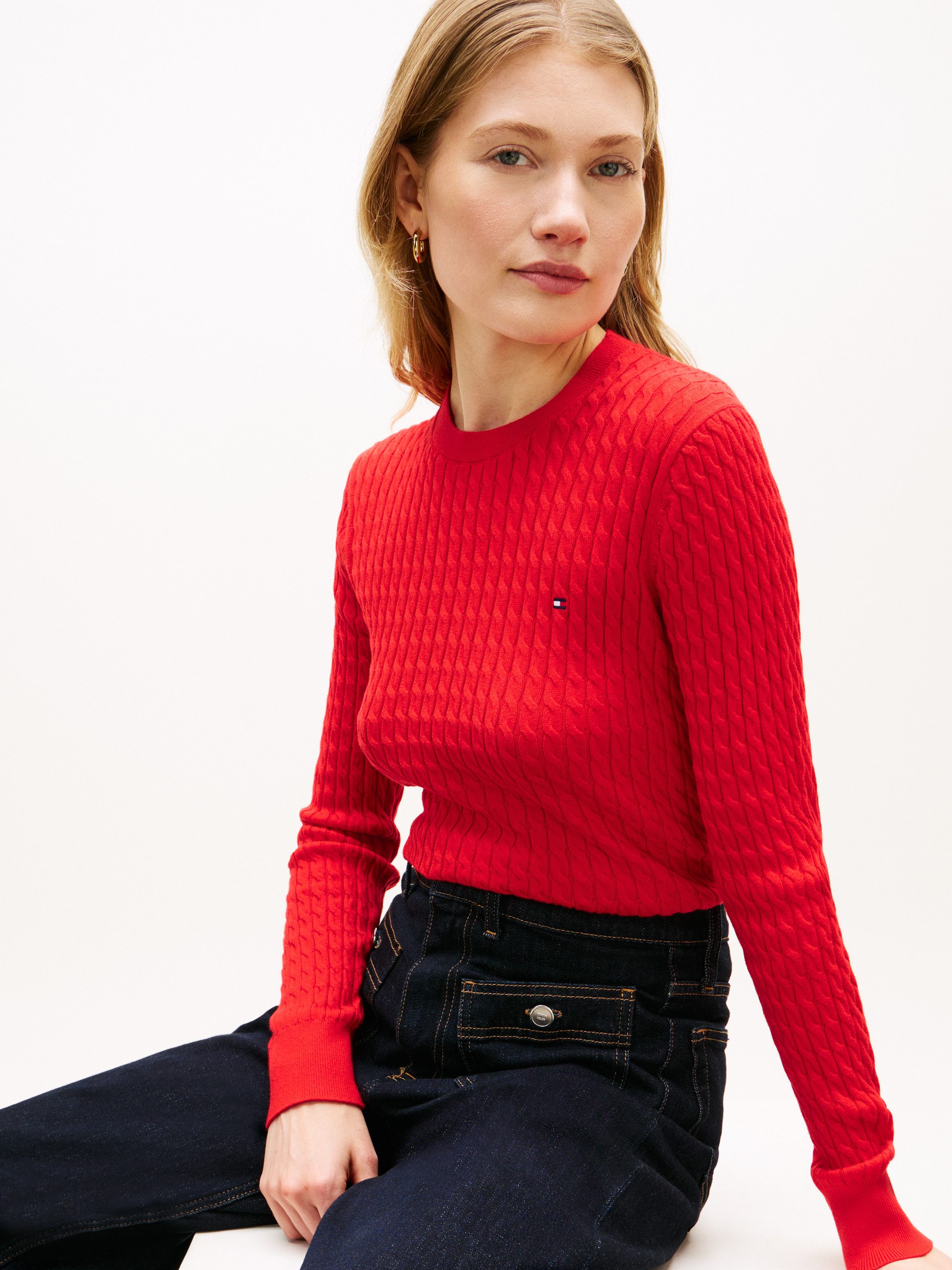 Tommy Hilfiger Rundhalspullover CO CABLE C-NK LS SWEATER Baumwolle, mit Zopfmuster, Regular Fit