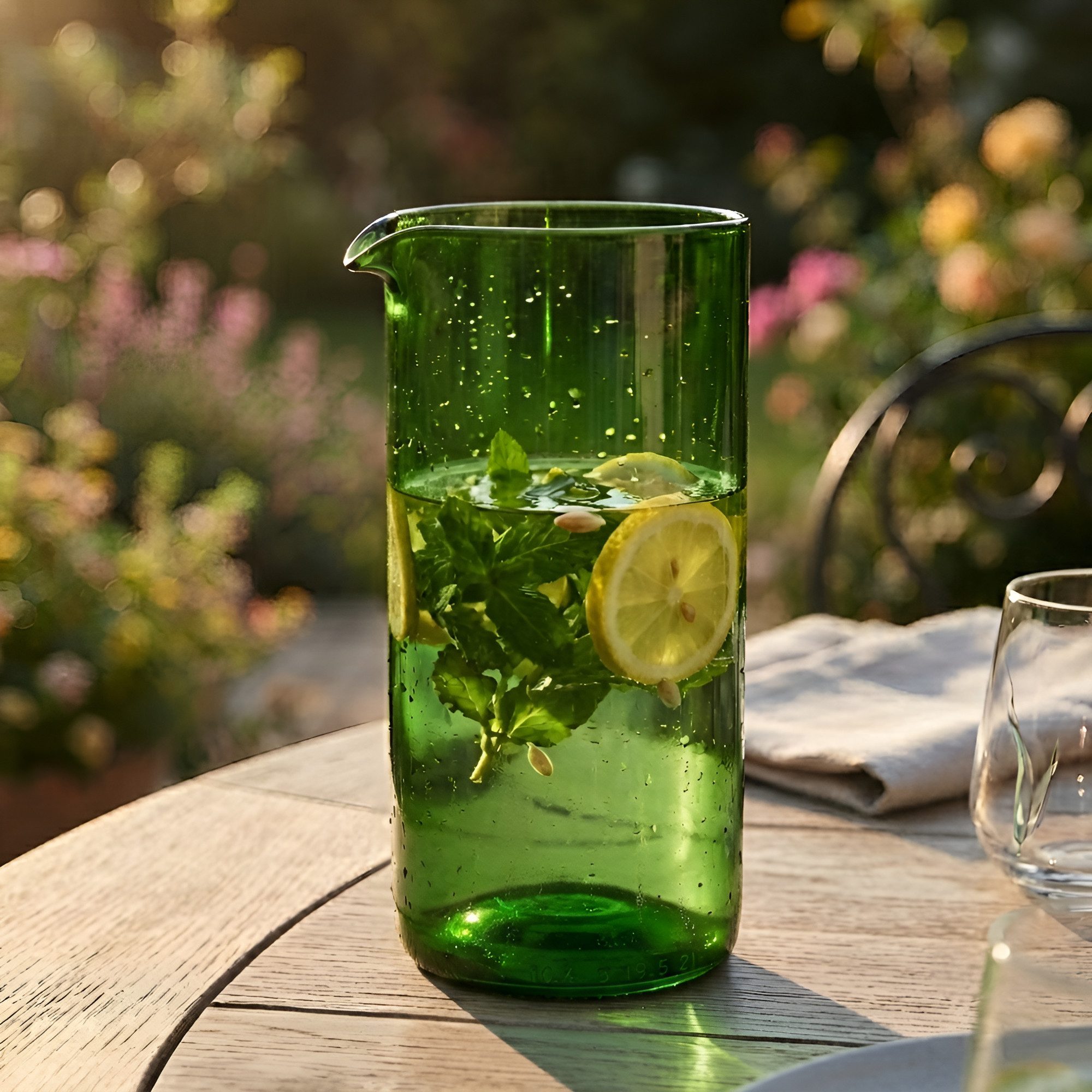 Upglassic Wasserkaraffe Upcycling-Karaffe aus echter Weinflasche – Glaskaraffe 750ml, (1x Upglassic Karaffe / Krug ca. ⌀ 8,5 x 17 cm, Glaskrug), Upcycling-Glas aus alten Weinflaschen