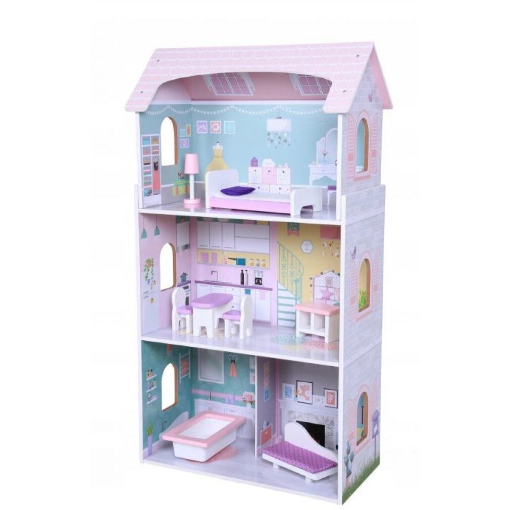 ECOTOYS Puppenhaus Dreistöckiges Puppenhaus Erdbeere