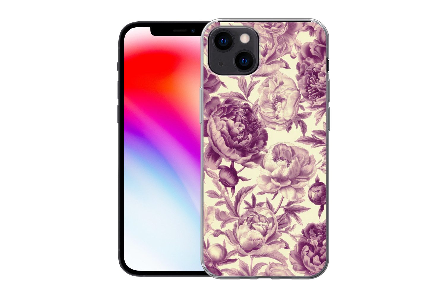 MuchoWow Handyhülle für Apple iPhone 13 Blumen - Muster - Lila - Beige, Smartphone-Bumper, Print, Handy Schutzhülle Dünn