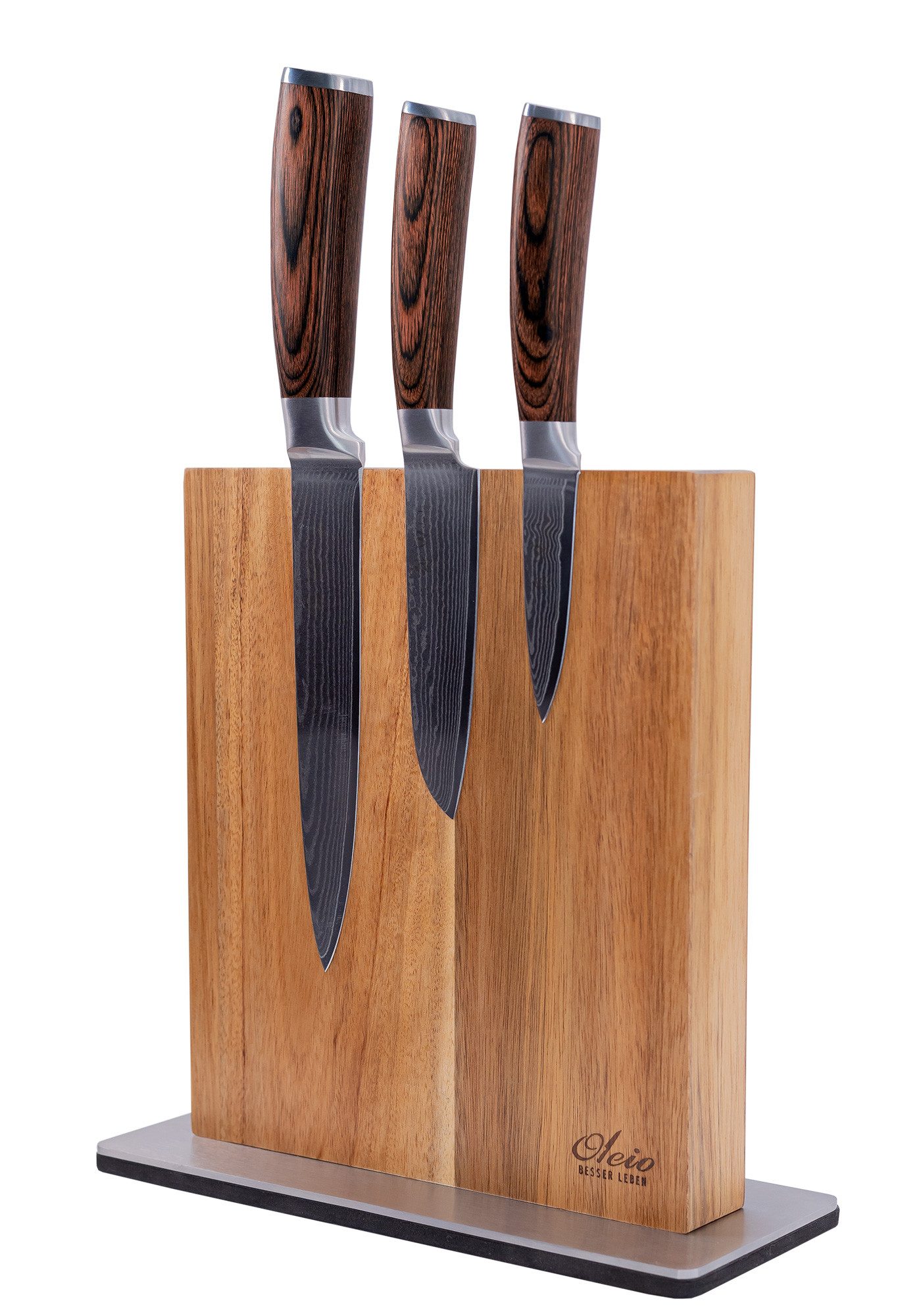 Wakoli Messer-Set EDIB 3er Damastmesserset 8 - 17cm Klingen inkl. Holzbox & Messerblock (Damastmesser-Set mit Block, 4-tlg., 3 Damastmesser mit magn. Messerblock), Küchenmesser aus 67 Lagen Damaststahl mit VG10 Kern inkl. Holzbox
