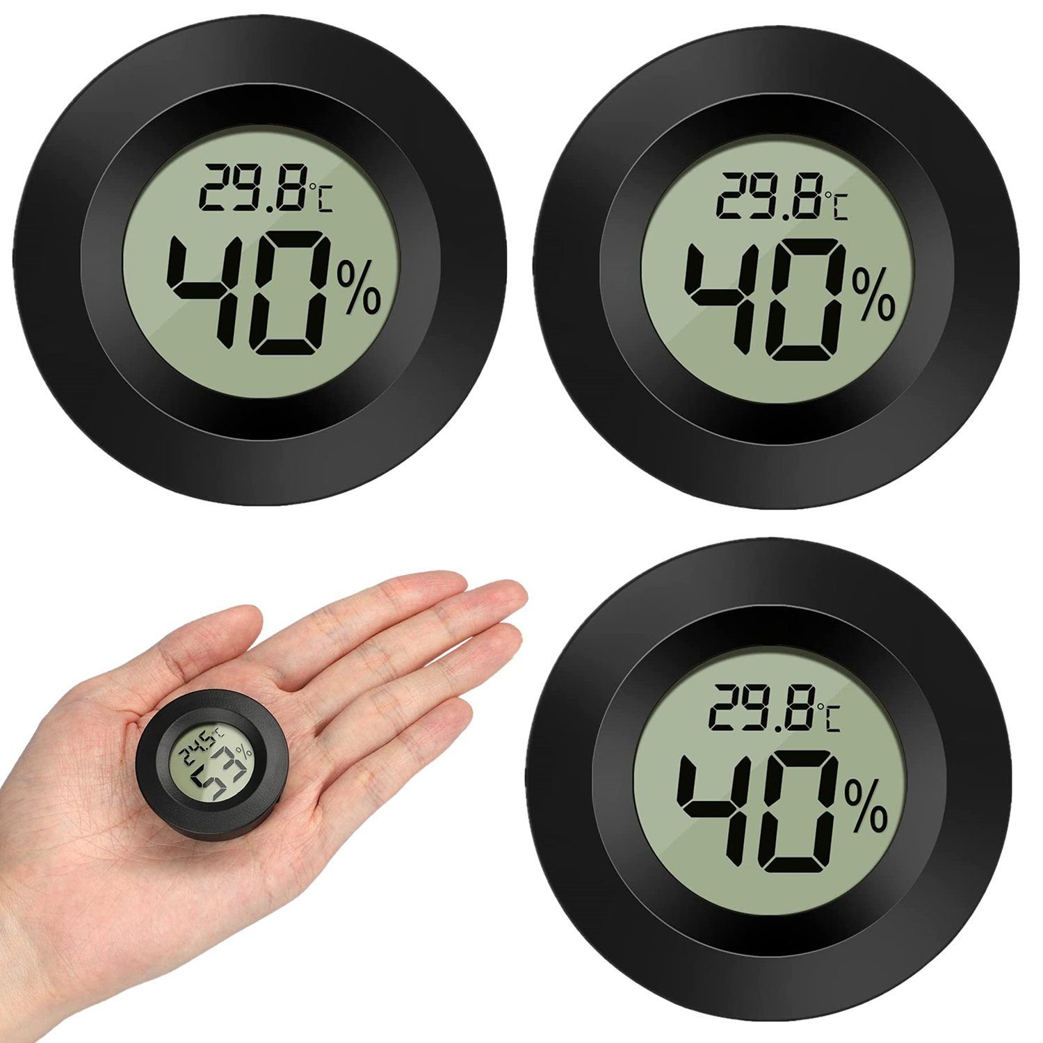 Olotos Hygrometer Digitales Thermo-Hygrometer Thermometer Temperatur Messgerät 3er-Set, Mini LCD für Kontrolle Innenraum Luftfeuchtigkeit Kühlschrank Schwarz