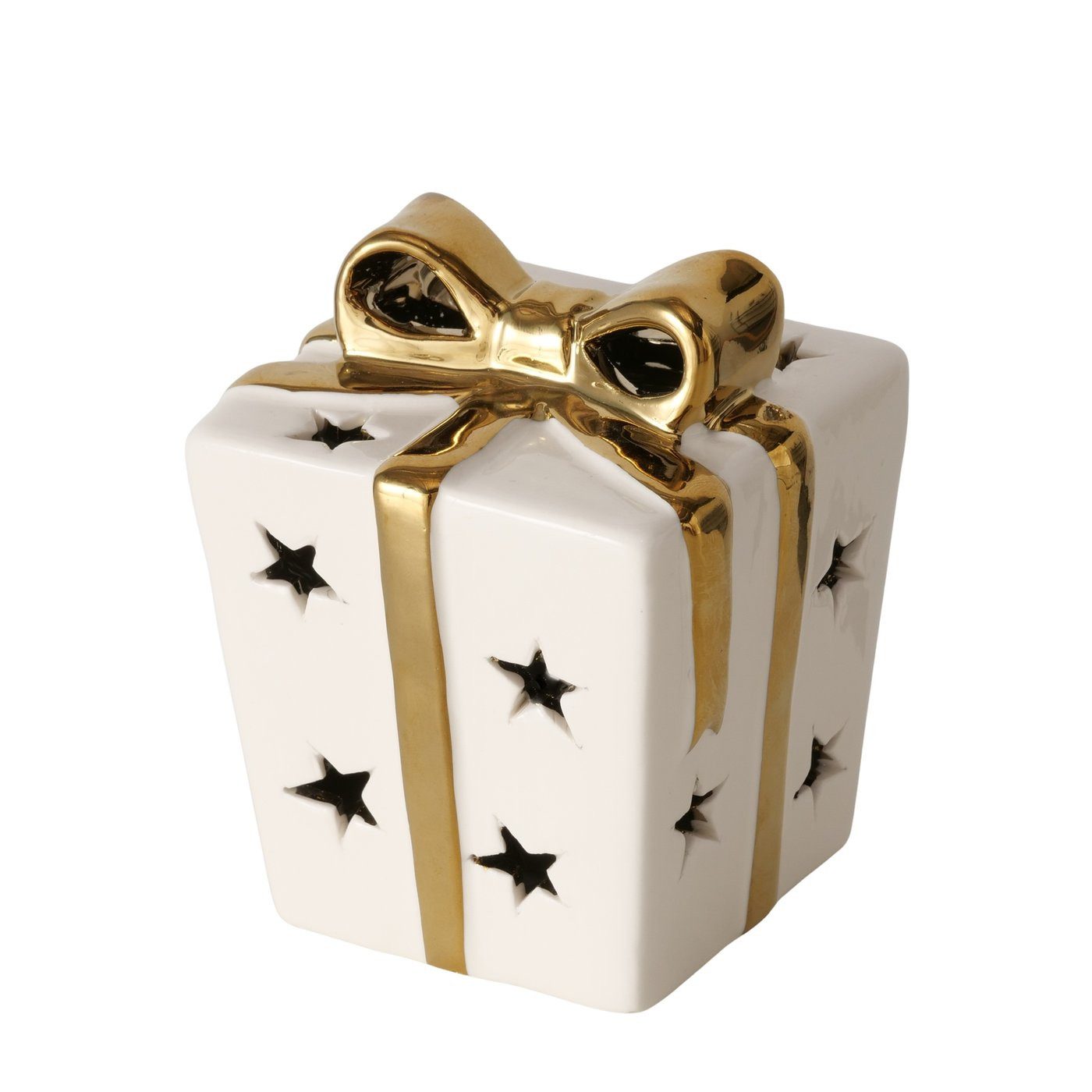 BOLTZE GRUPPE GmbH Weihnachtshaus LED Deko Geschenkbox Elina Keramik Weiß Gold Geschenkform