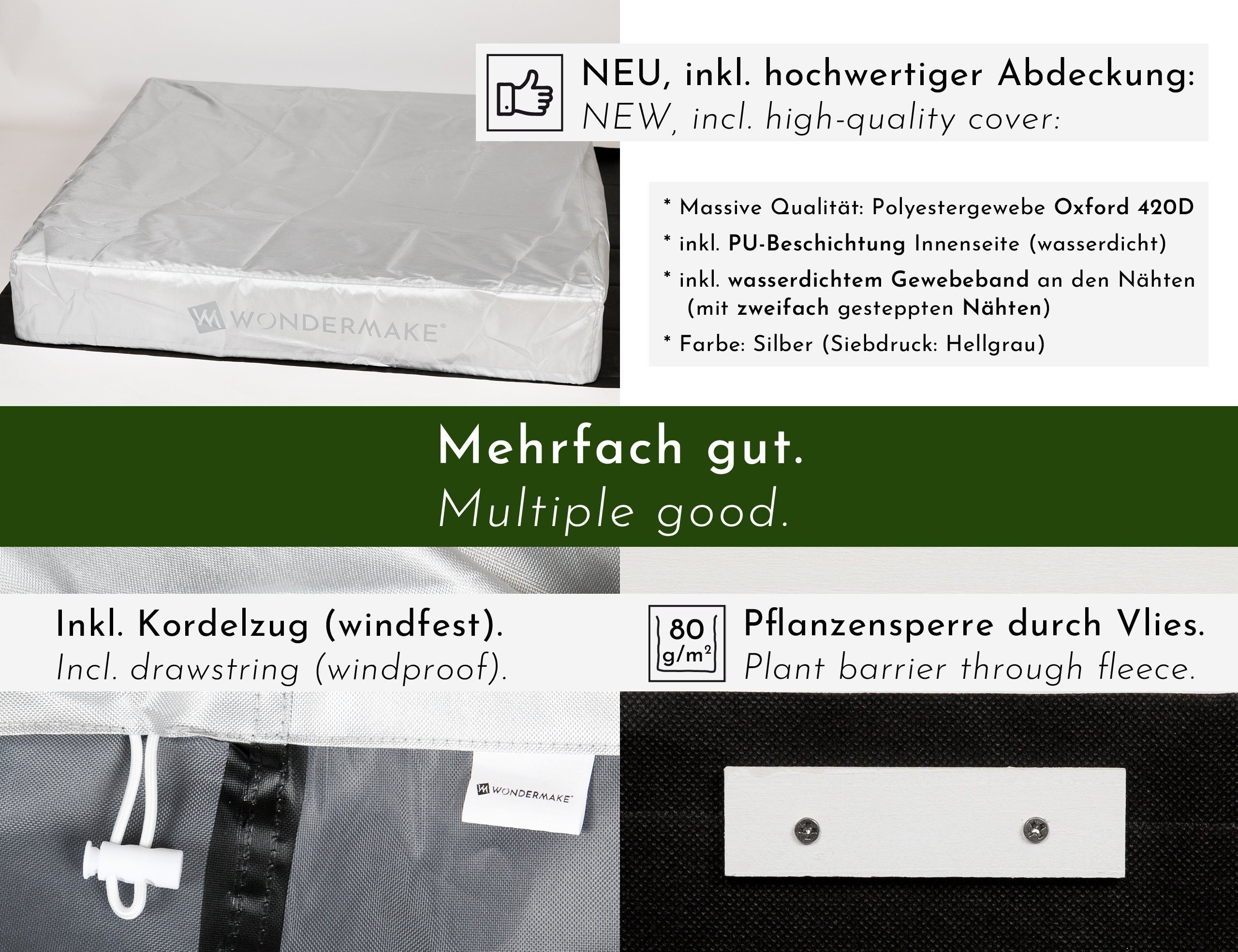 WONDERMAKE Sandkasten mit Abdeckung, 2x Matschküche, Boden Vlies, Sandkiste Holz Deckel bunt, Design mit Bank quadratisch verschließbar Outdoor Garten schwarz bunt